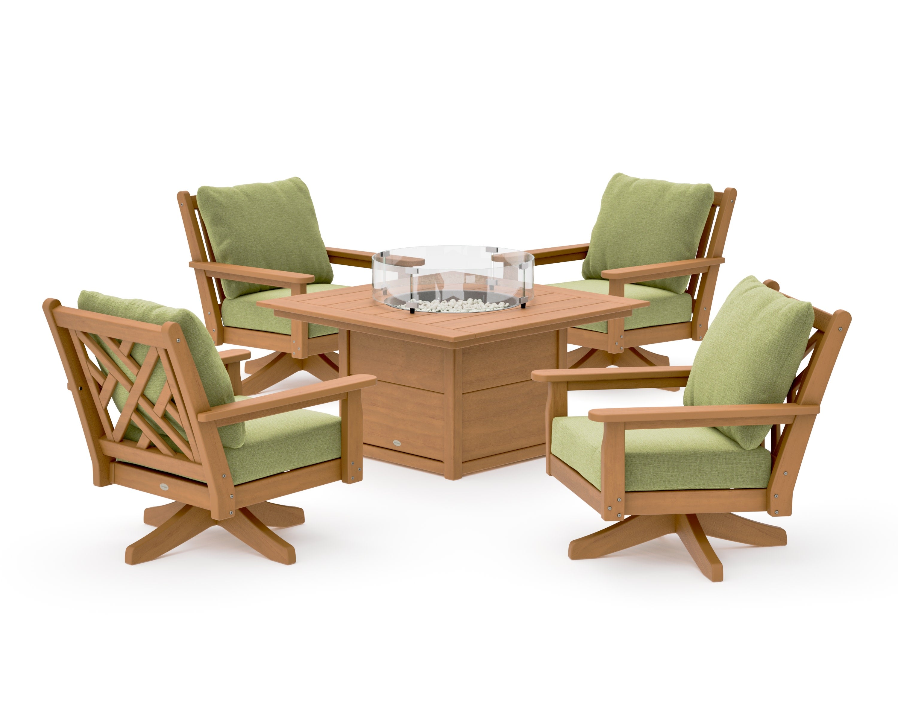 Chippendale 5-Piece Deep Seating Swivel Conversation Set with Fire Pit Table in Natural / Chartreuse Boucle