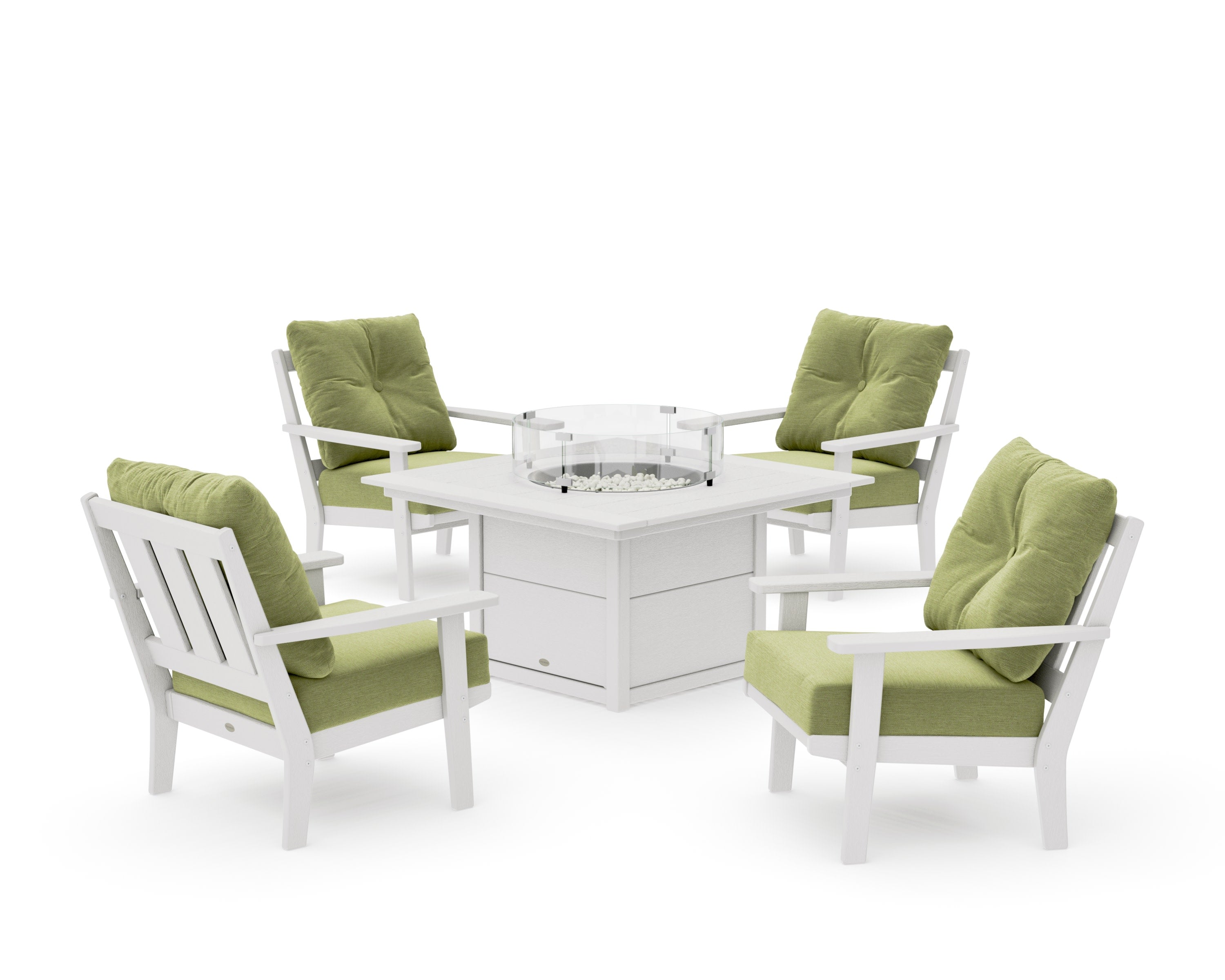 Oxford 5-Piece Deep Seating Set with Fire Pit Table in Vintage White / Chartreuse Boucle