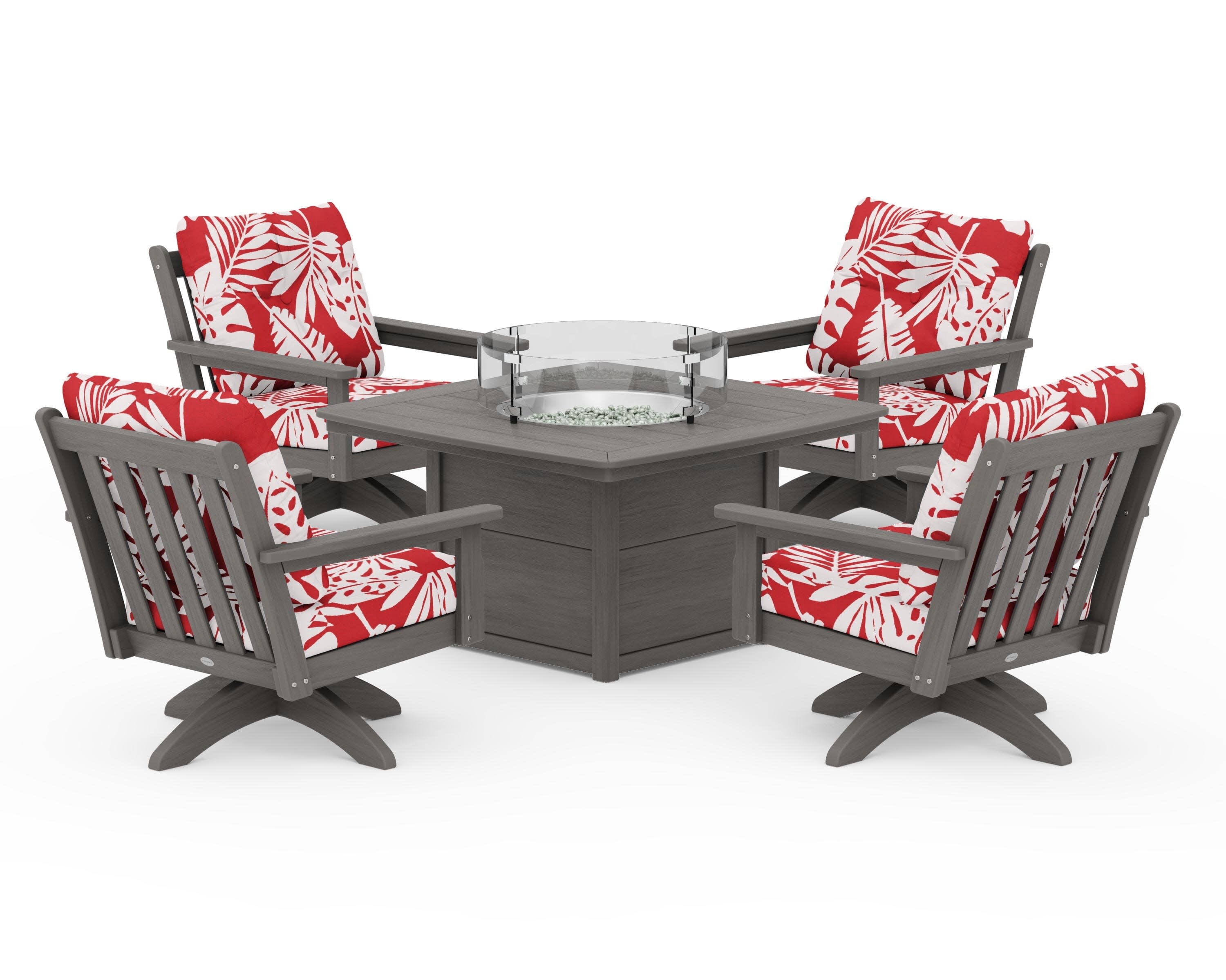 Vineyard 5-Piece Deep Seating Swivel Conversation Set with Fire Pit Table in Driftwood / Leaf Crimson