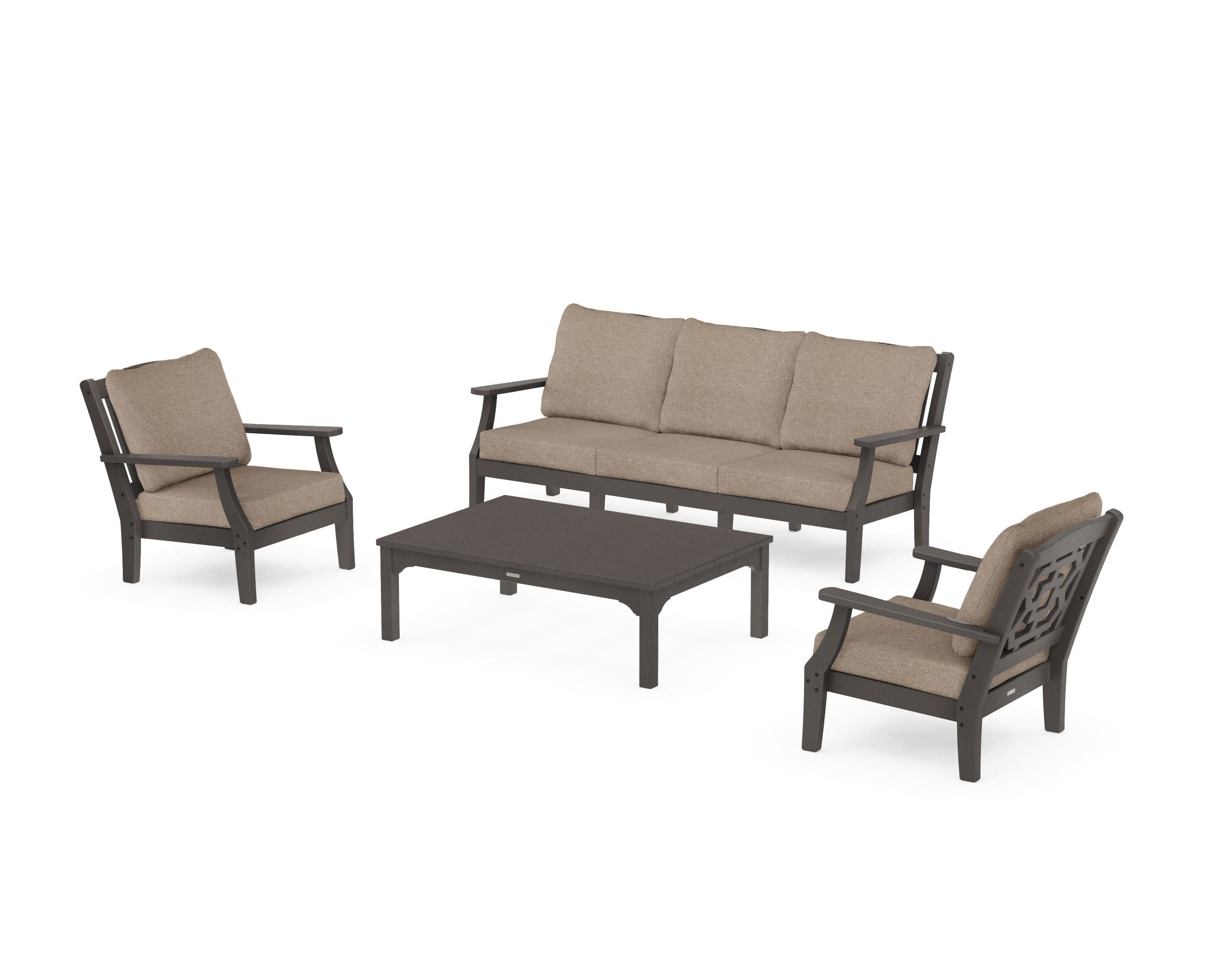 Chinoiserie 4-Piece Deep Seating Set with Sofa in Vintage Coffee / Spiced Burlap