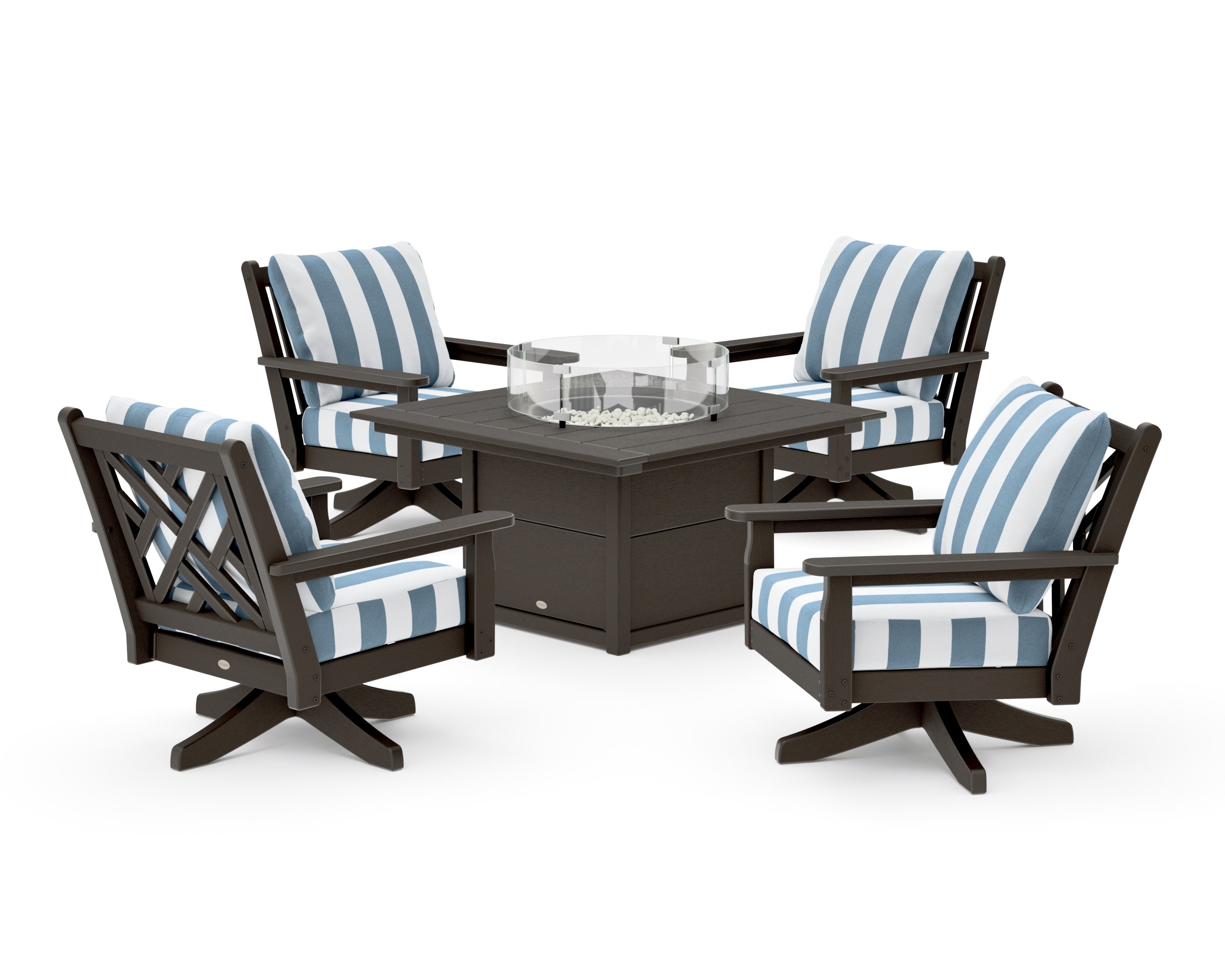 Chippendale 5-Piece Deep Seating Swivel Conversation Set with Fire Pit Table in Vintage Coffee / Cabana Stripe Sky Blue
