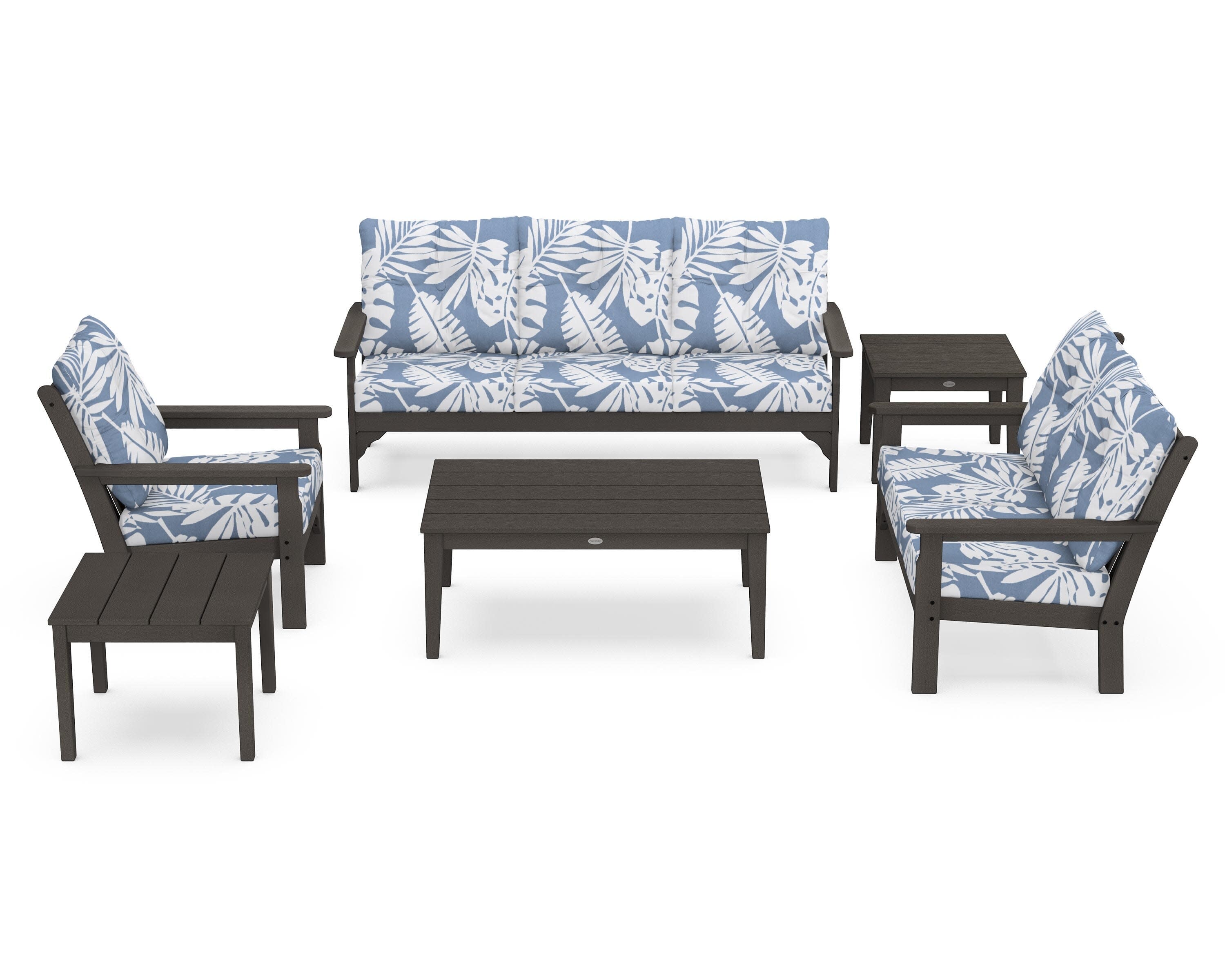 Vineyard 6-Piece Deep Seating Set in Vintage Coffee / Leaf Sky Blue