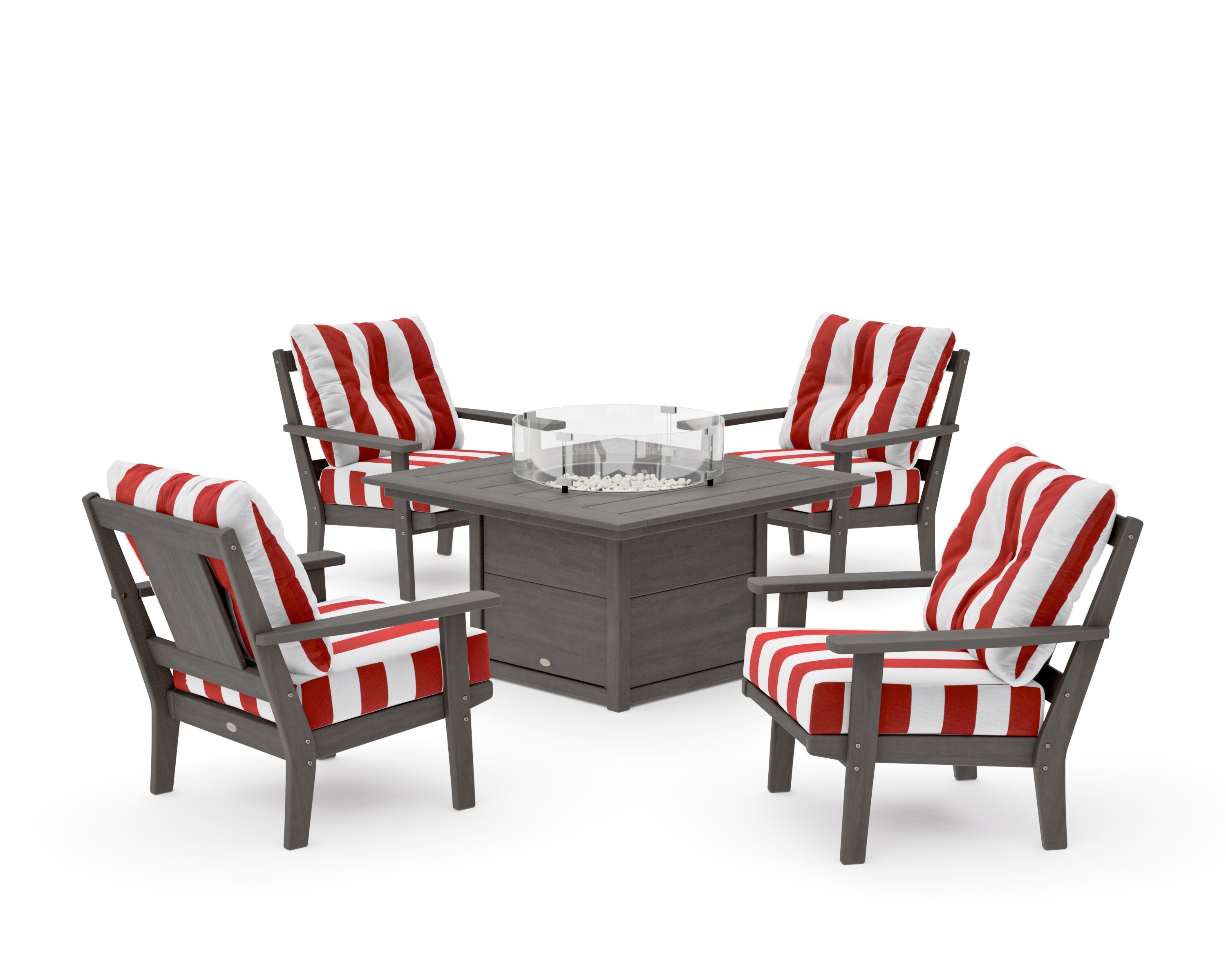 Prairie 5-Piece Deep Seating Set with Fire Pit Table in Driftwood / Cabana Stripe Crimson