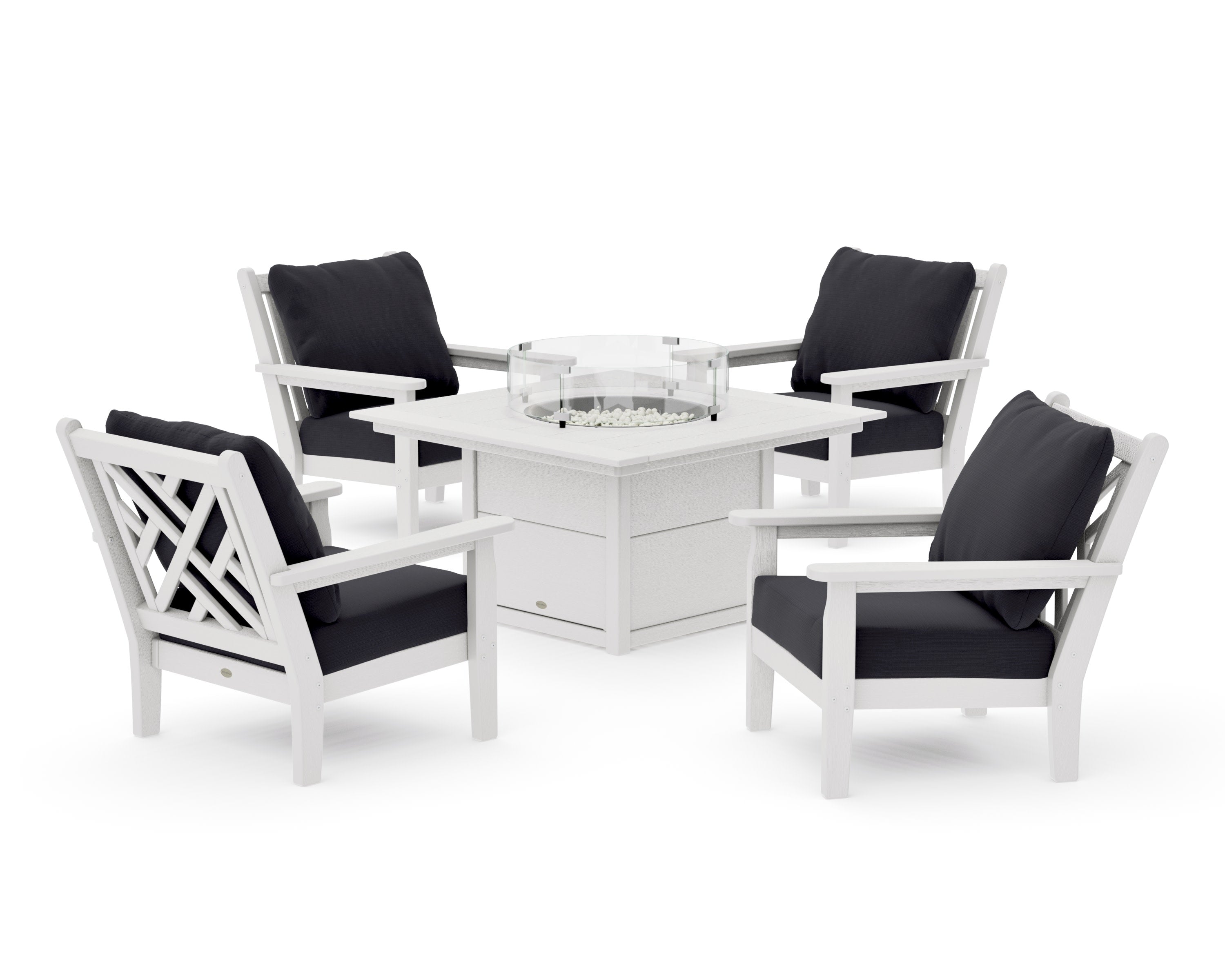 Chippendale 5-Piece Deep Seating Set with Fire Pit Table in Vintage White / Midnight Linen