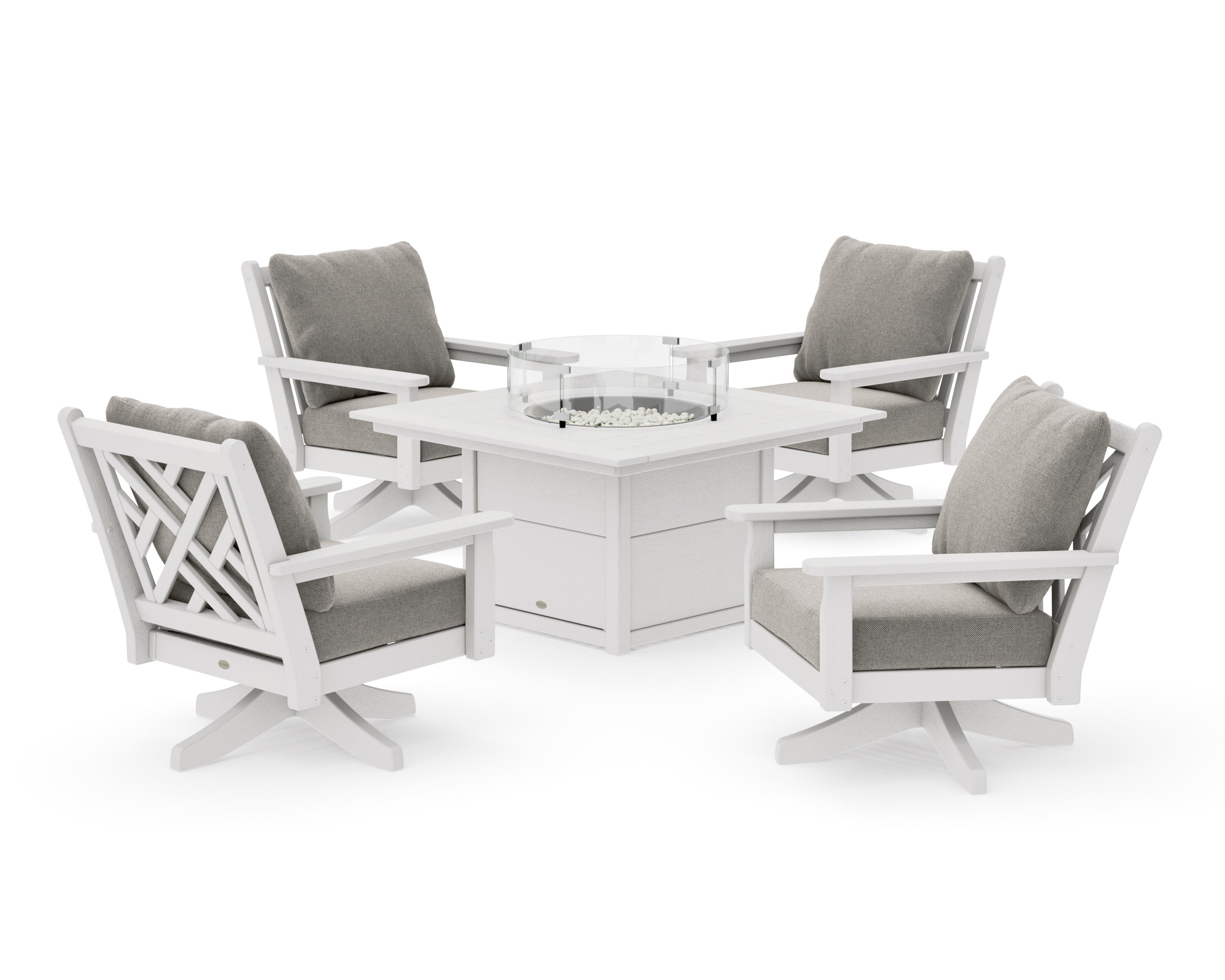 Chippendale 5-Piece Deep Seating Swivel Conversation Set with Fire Pit Table in Vintage White / Weathered Tweed