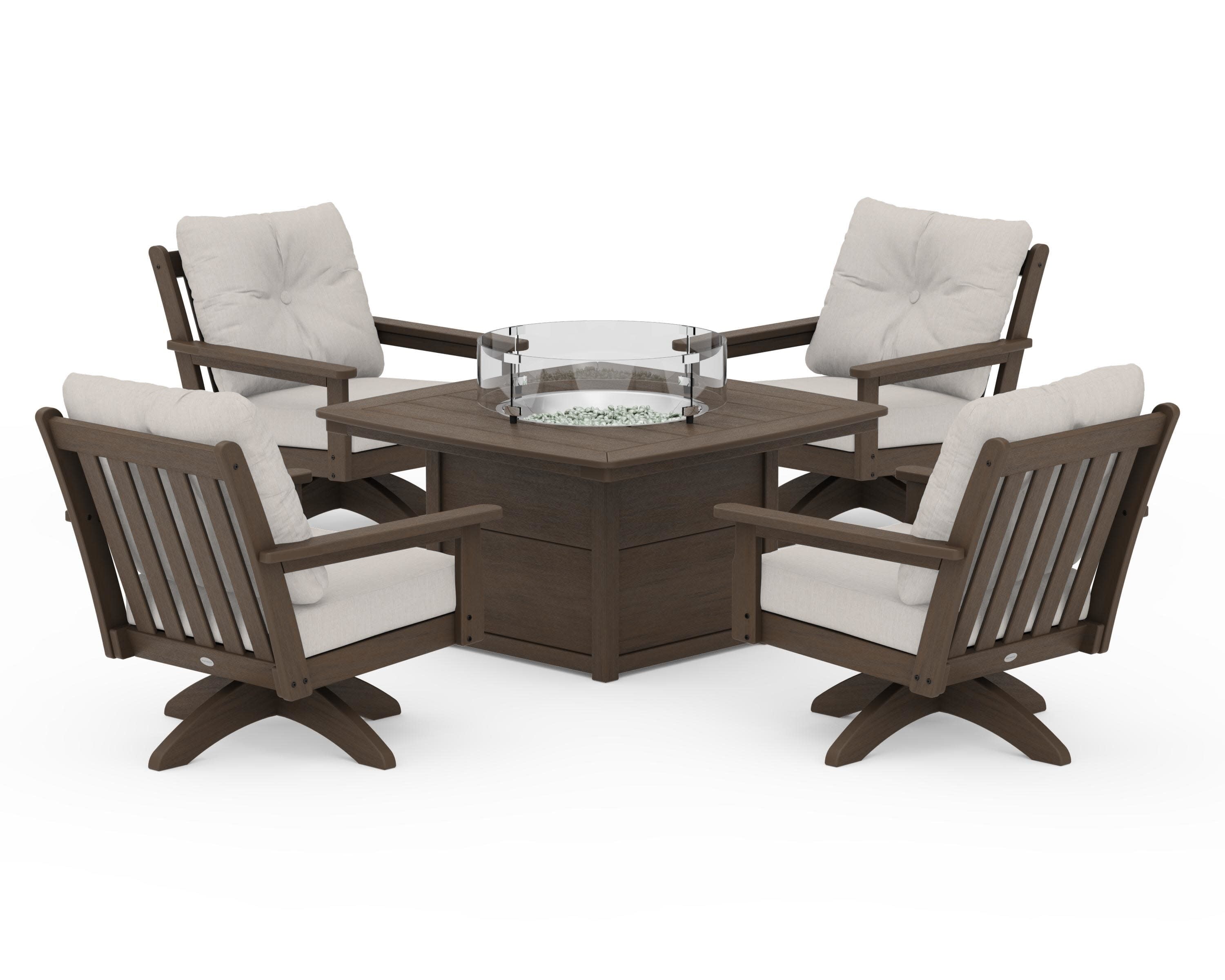 Vineyard 5-Piece Deep Seating Swivel Conversation Set with Fire Pit Table in Kona / Cast Ash