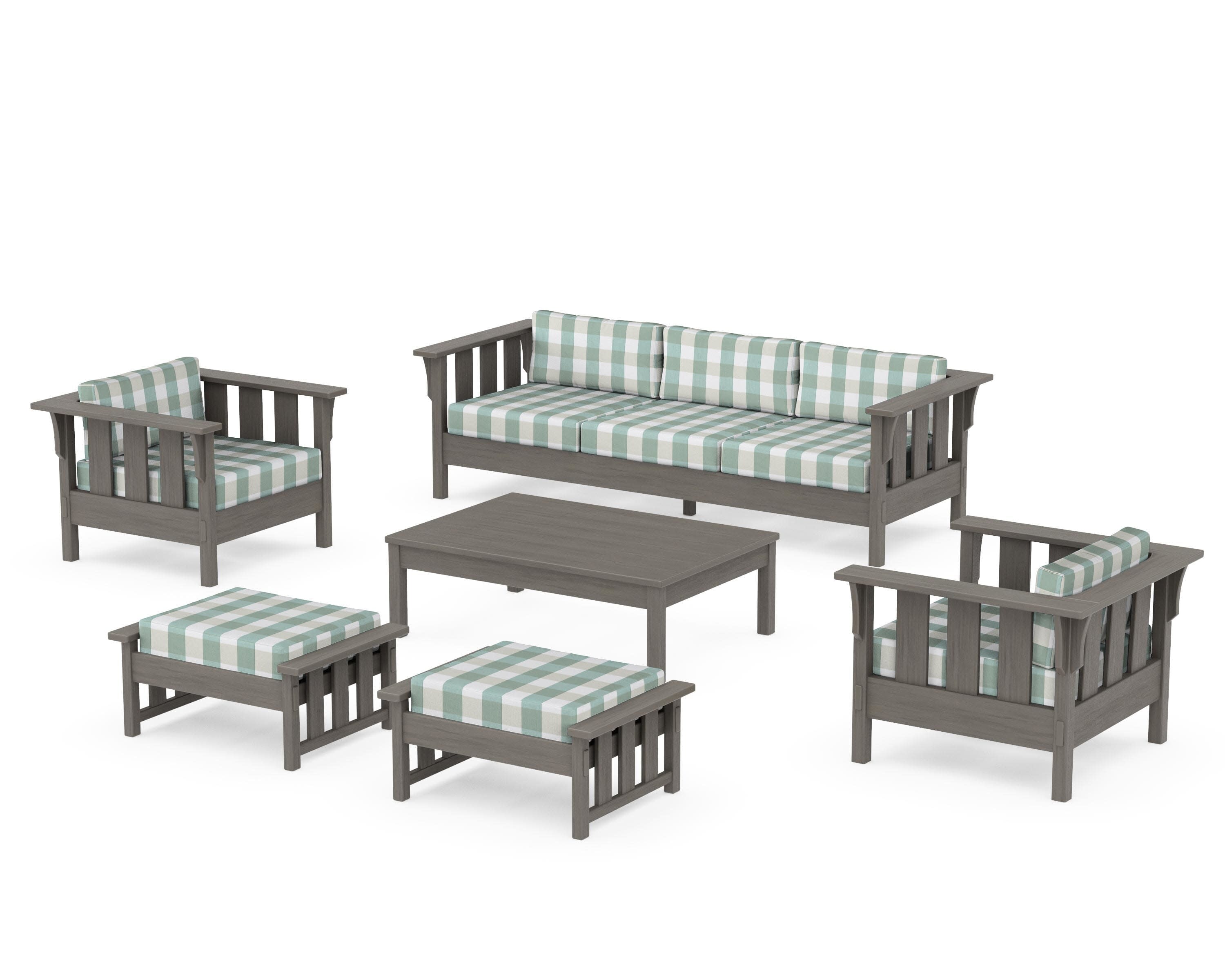 Acadia 6-Piece Lounge Sofa Set in Driftwood / Buffalo Plaid Glacier Spa