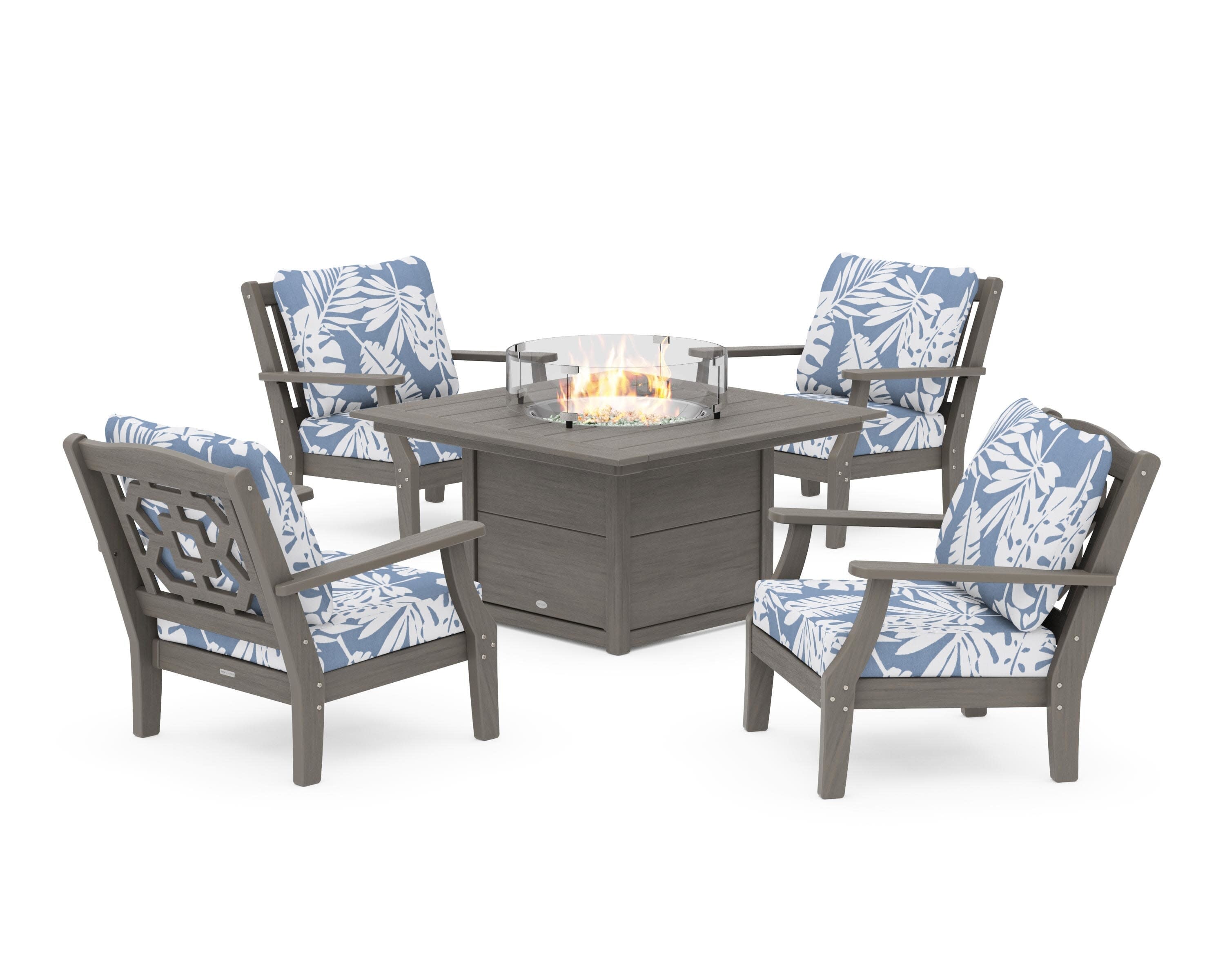 Chinoiserie 5-Piece Deep Seating Set with Fire Pit Table in Driftwood / Leaf Sky Blue