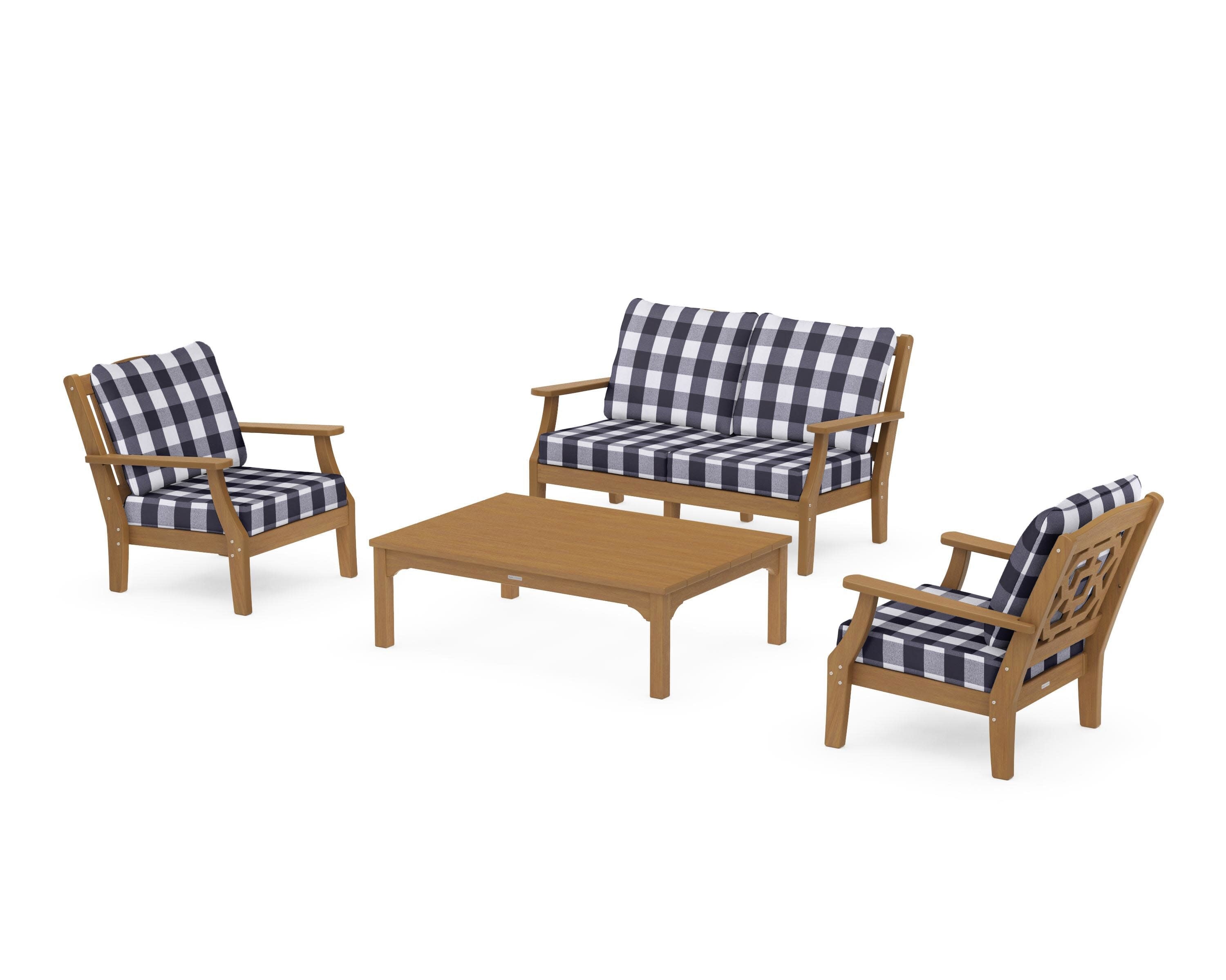 Chinoiserie 4-Piece Deep Seating Set with Loveseat in Natural / Buffalo Plaid Navy