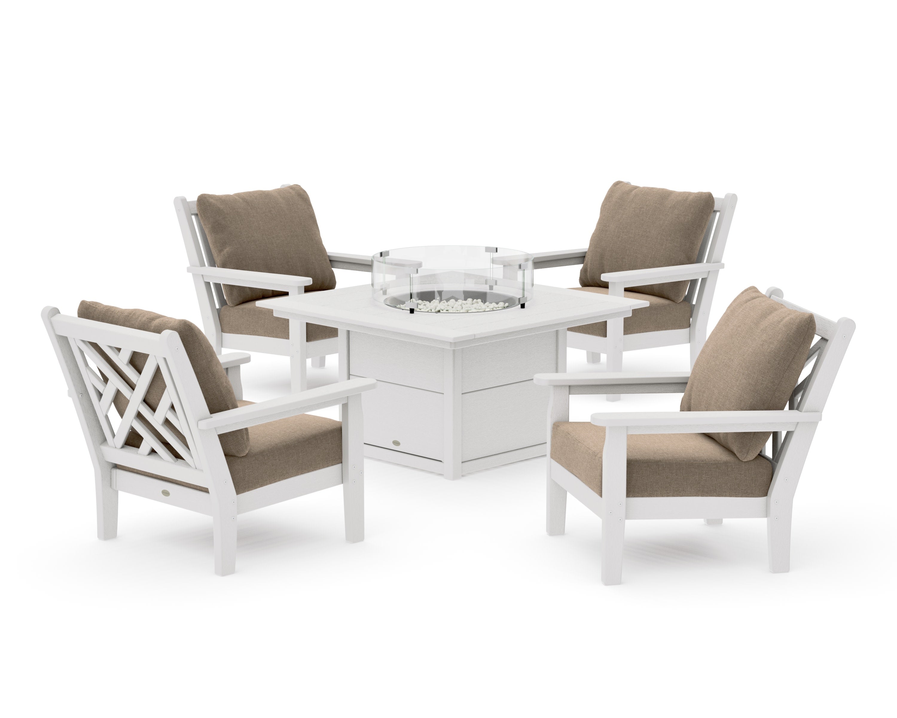 Chippendale 5-Piece Deep Seating Set with Fire Pit Table in Vintage White / Spiced Burlap
