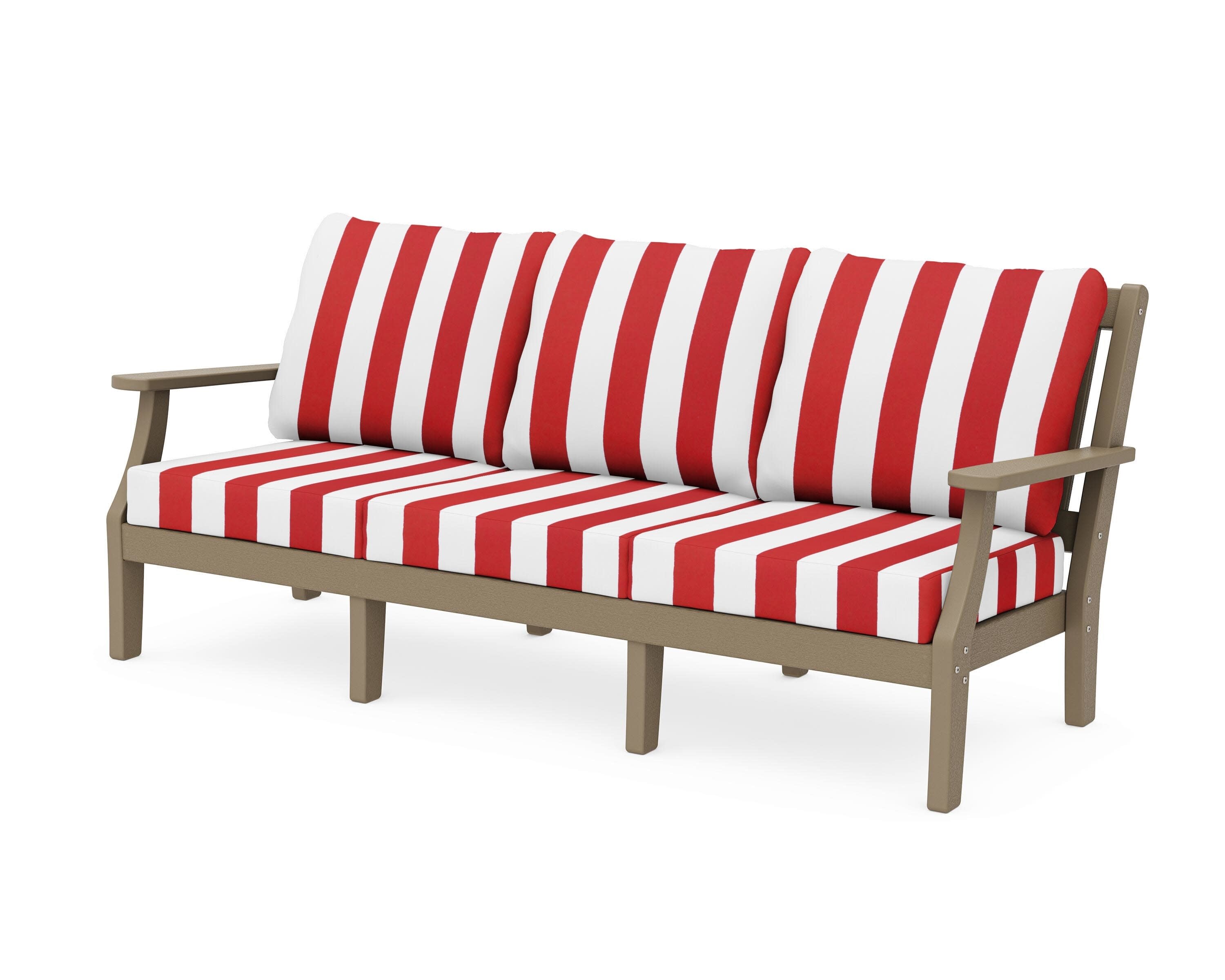 Chinoiserie Deep Seating Sofa in Vintage Sahara / Cabana Stripe Crimson