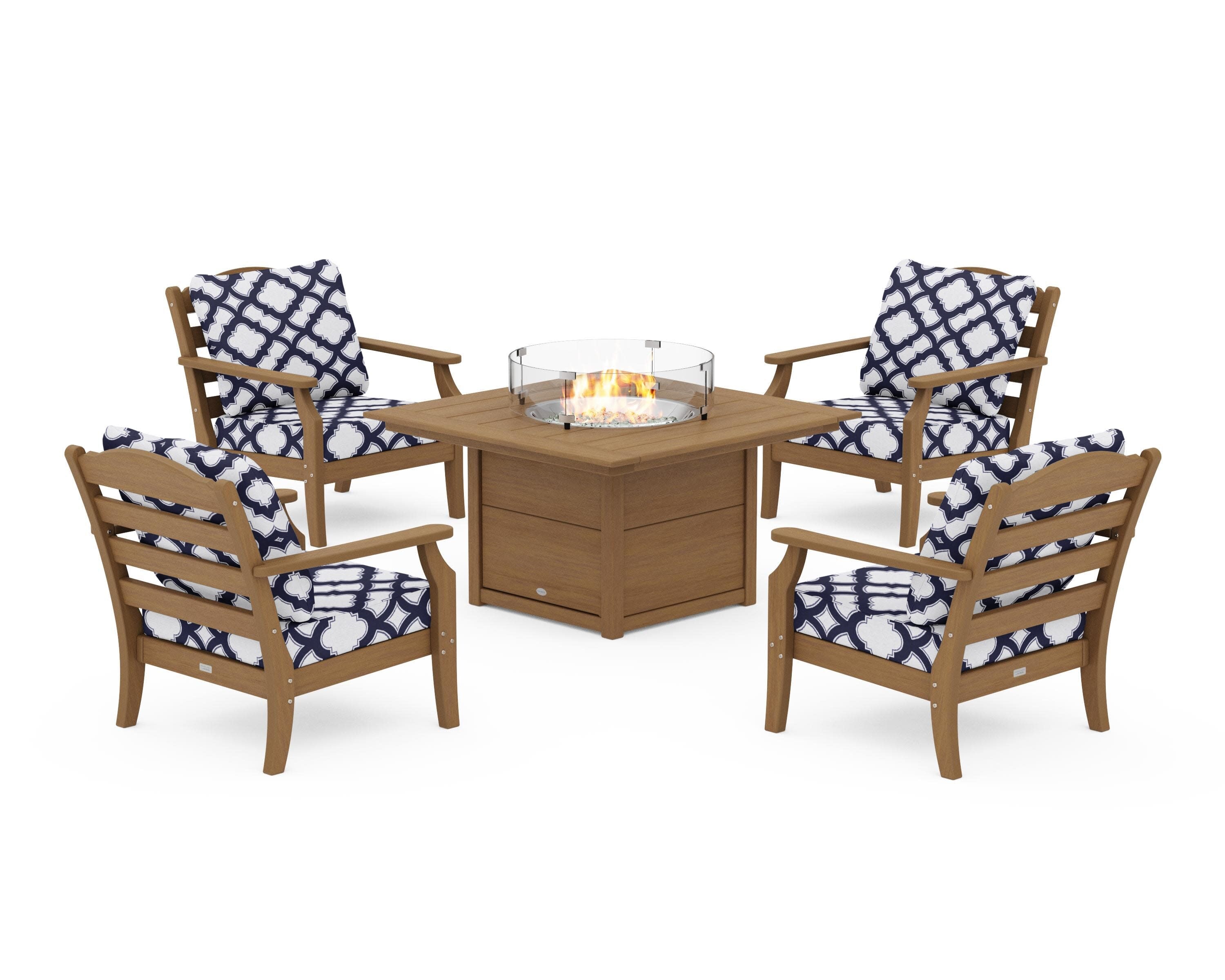 Savannah 5-Piece Deep Seating Set with Fire Pit Table in Natural / Trellis Navy