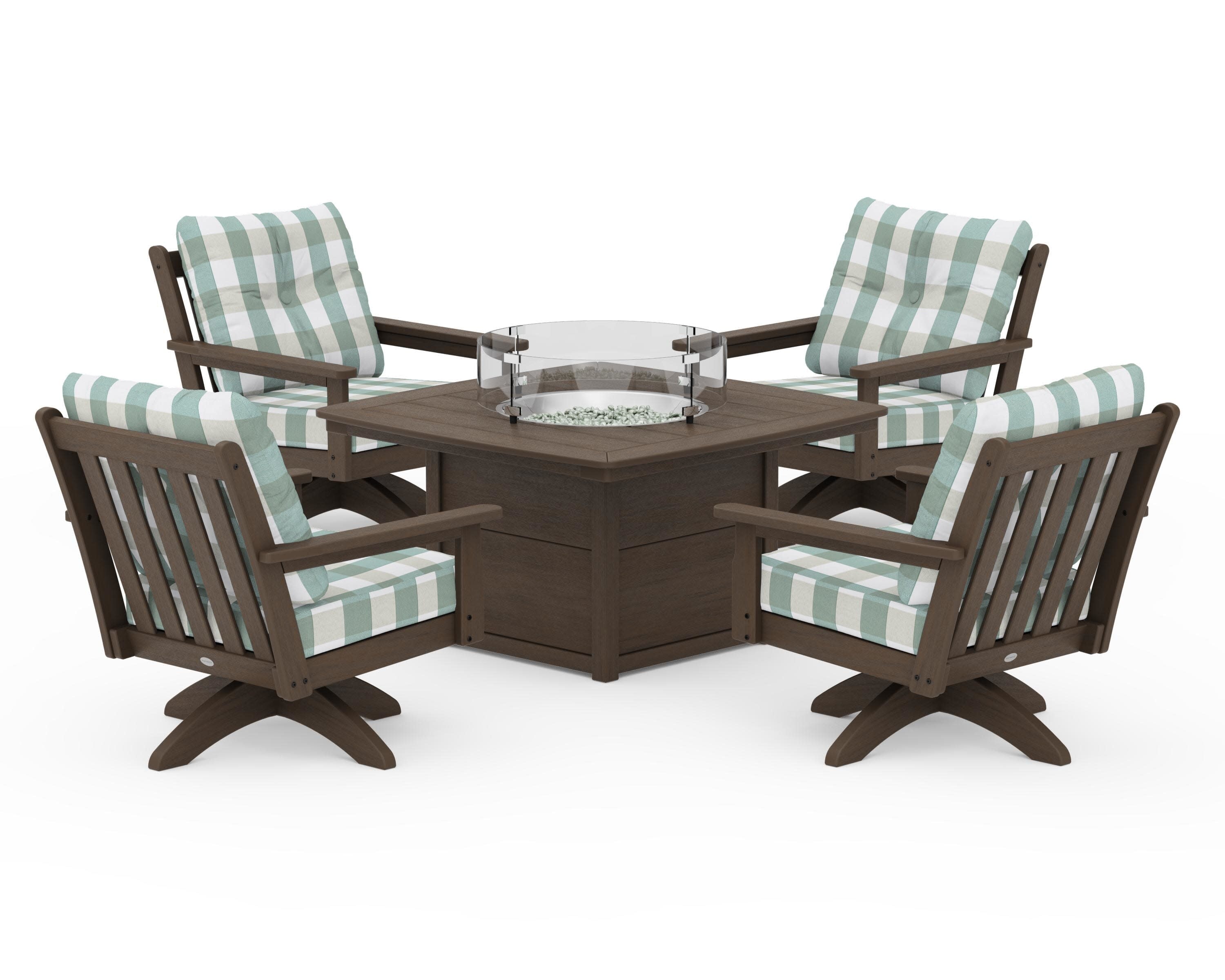 Vineyard 5-Piece Deep Seating Swivel Conversation Set with Fire Pit Table in Kona / Buffalo Plaid Glacier Spa