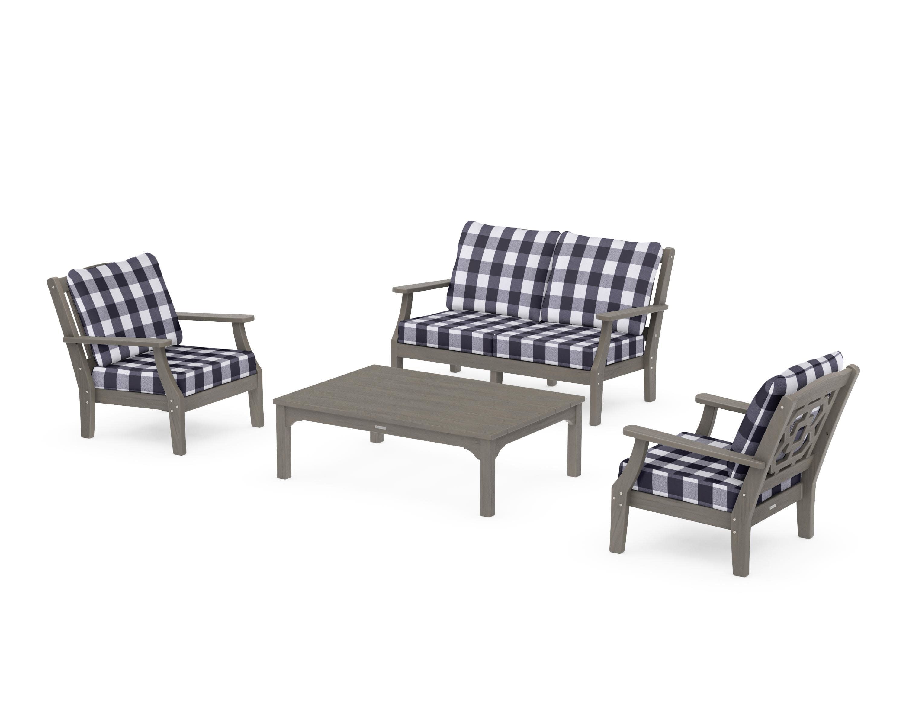 Chinoiserie 4-Piece Deep Seating Set with Loveseat in Driftwood / Buffalo Plaid Navy
