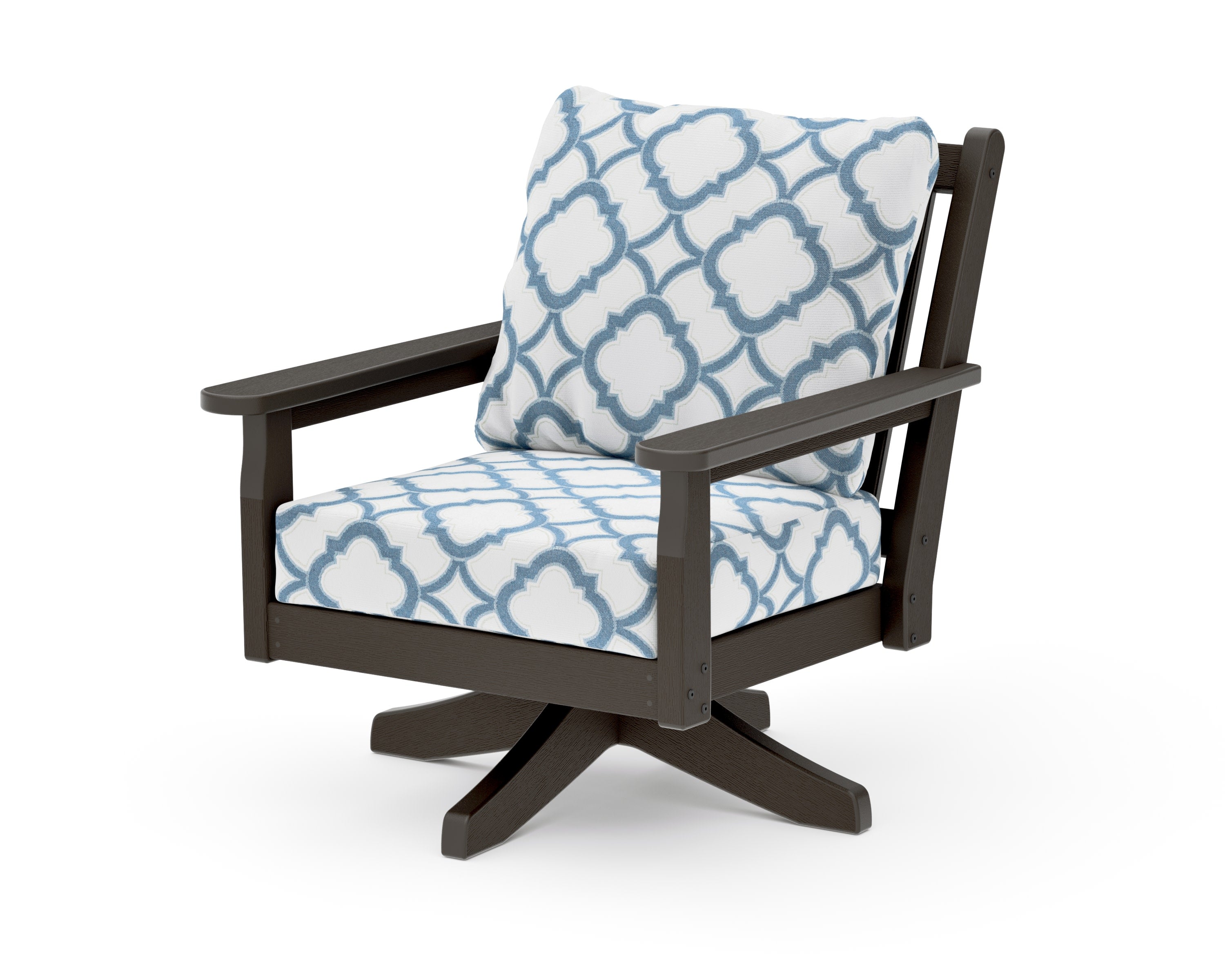Chippendale Deep Seating Swivel Chair in Vintage Coffee / Trellis Sky Blue