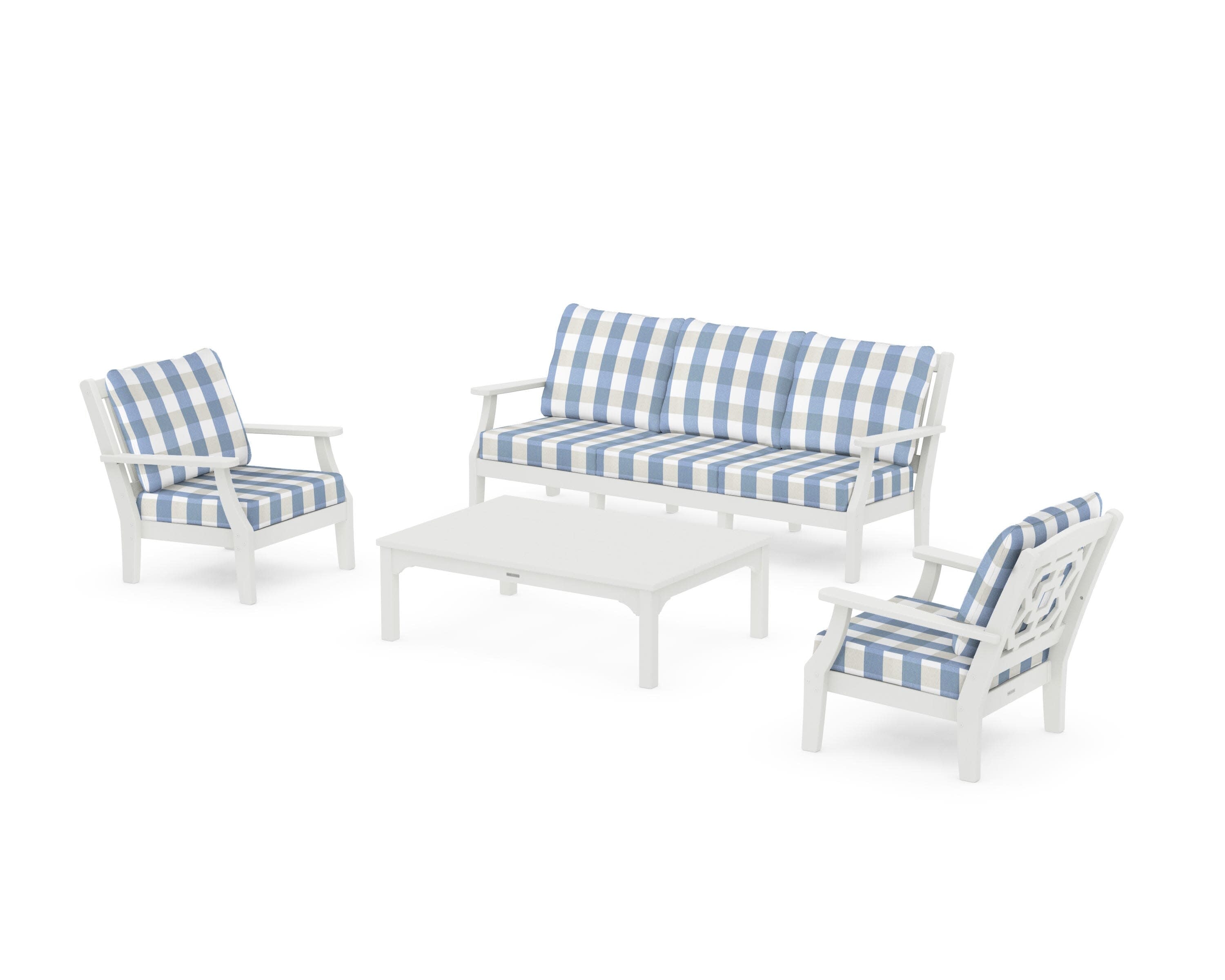 Chinoiserie 4-Piece Deep Seating Set with Sofa in Vintage White / Buffalo Plaid Sky Blue