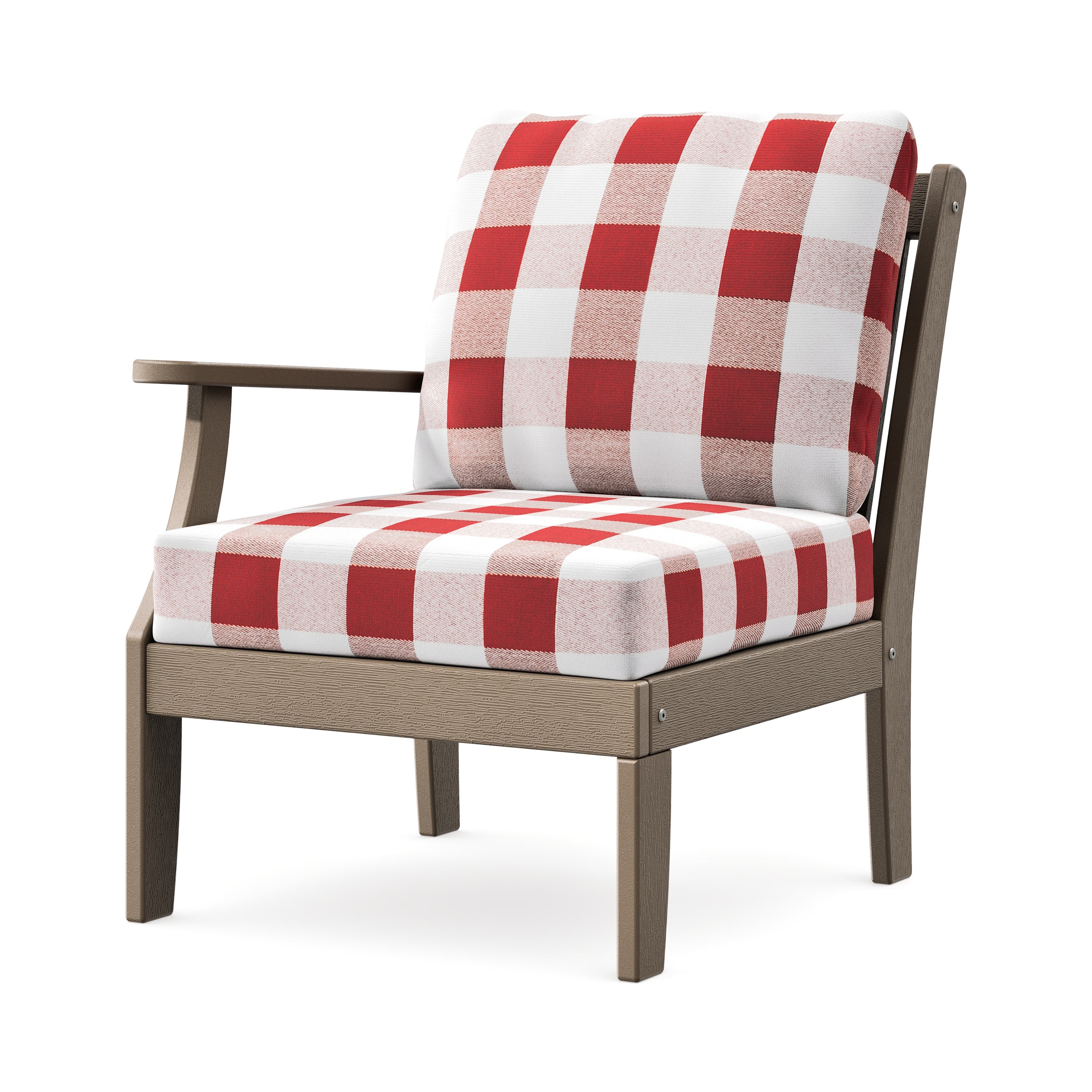 Braxton Modular Left Arm Chair in Vintage Sahara / Buffalo Plaid Crimson