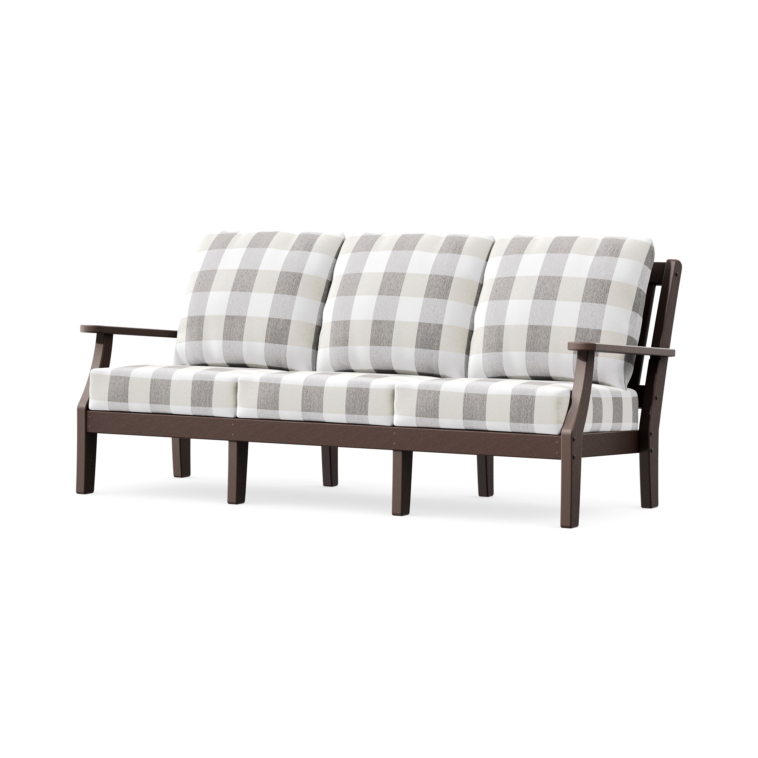 Chinoiserie Deep Seating Sofa in Mahogany / Buffalo Plaid Grey Mist