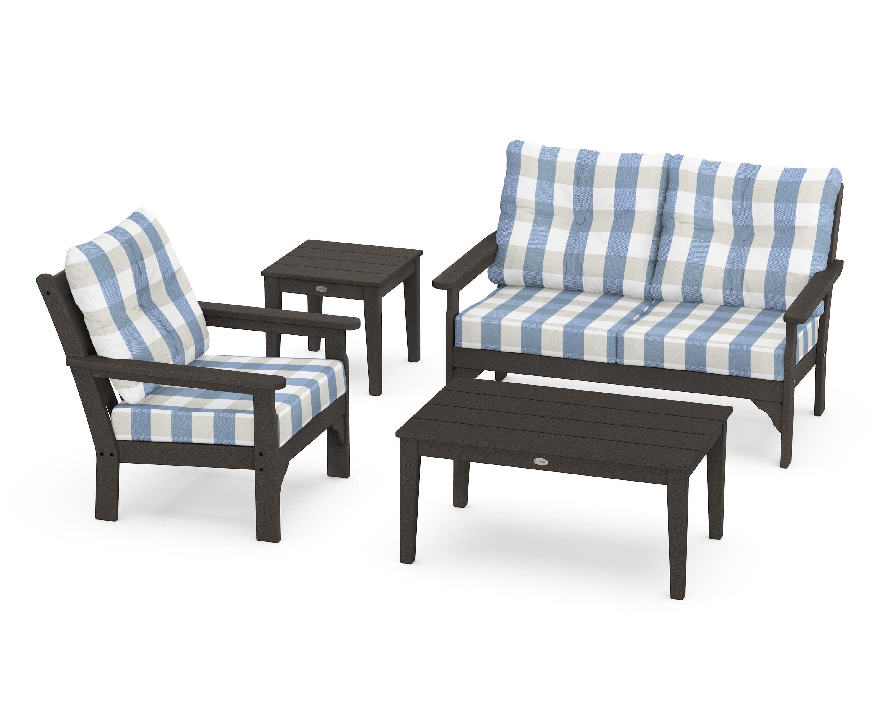 Vineyard 4-Piece Deep Seating Set in Vintage Coffee / Buffalo Plaid Sky Blue