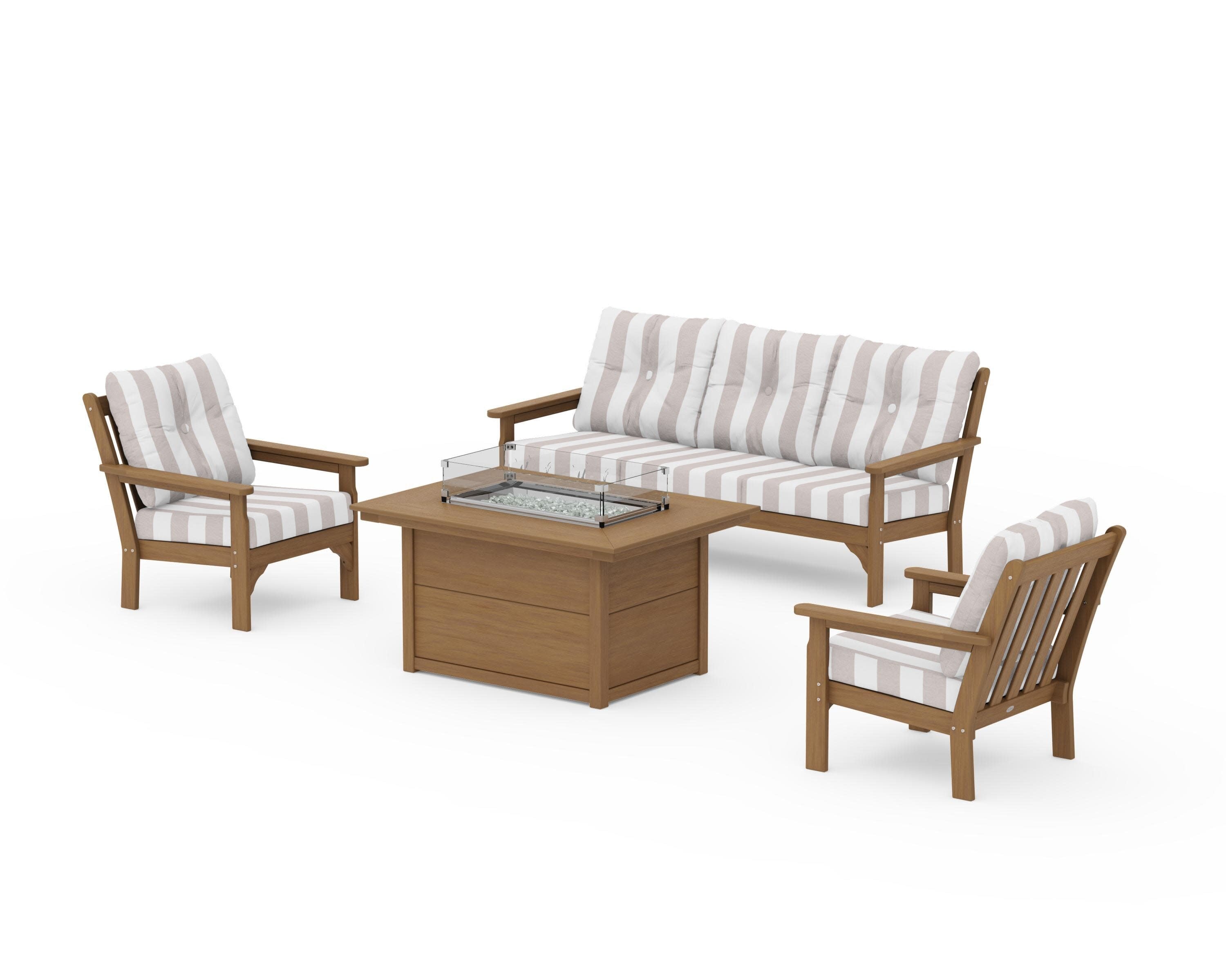 Vineyard Deep Seating Fire Pit Table Set in Natural / Cabana Stripe Dune Burlap