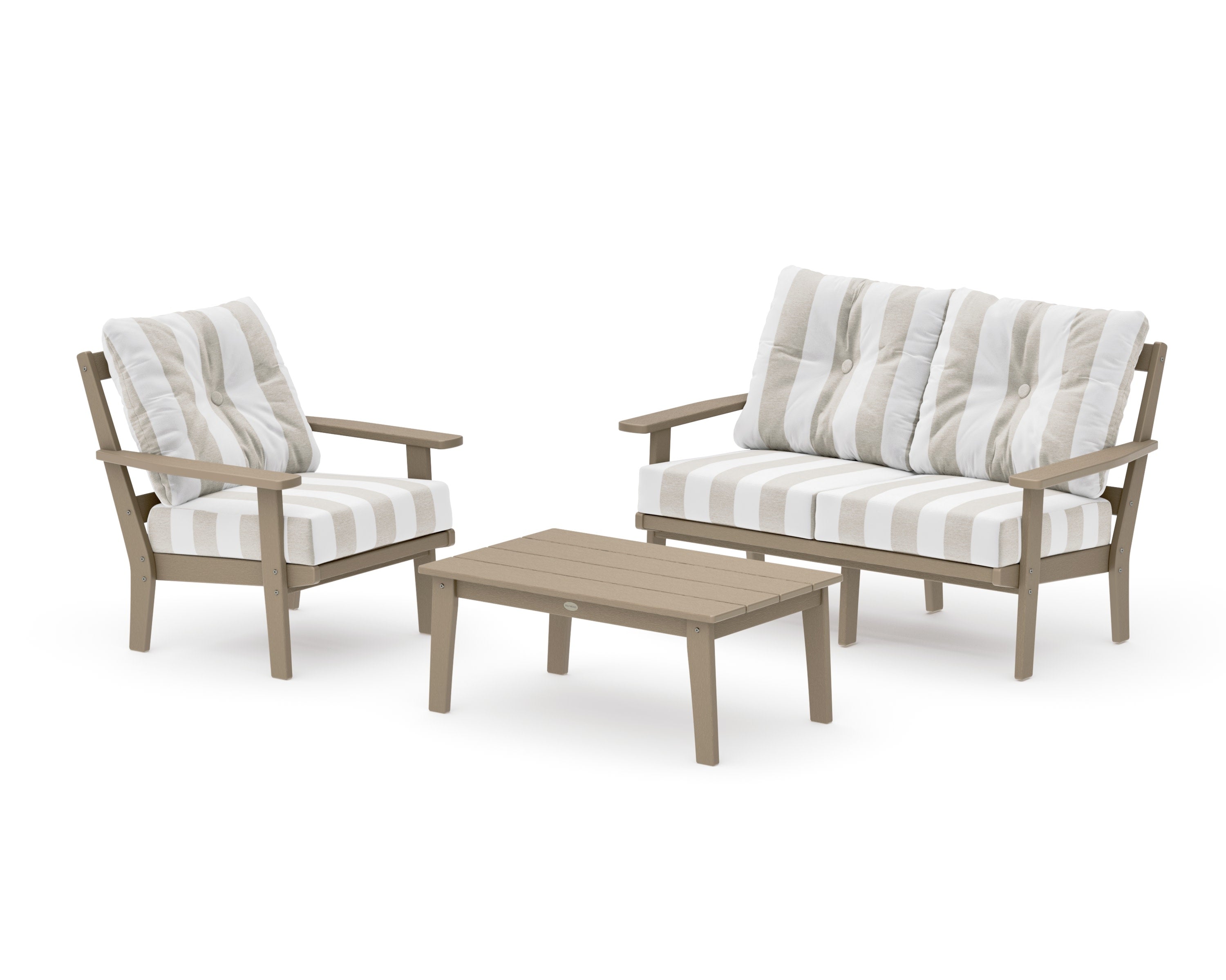 Prairie 3-Piece Deep Seating Set with Loveseat in Vintage Sahara / Cabana Stripe Dune Burlap