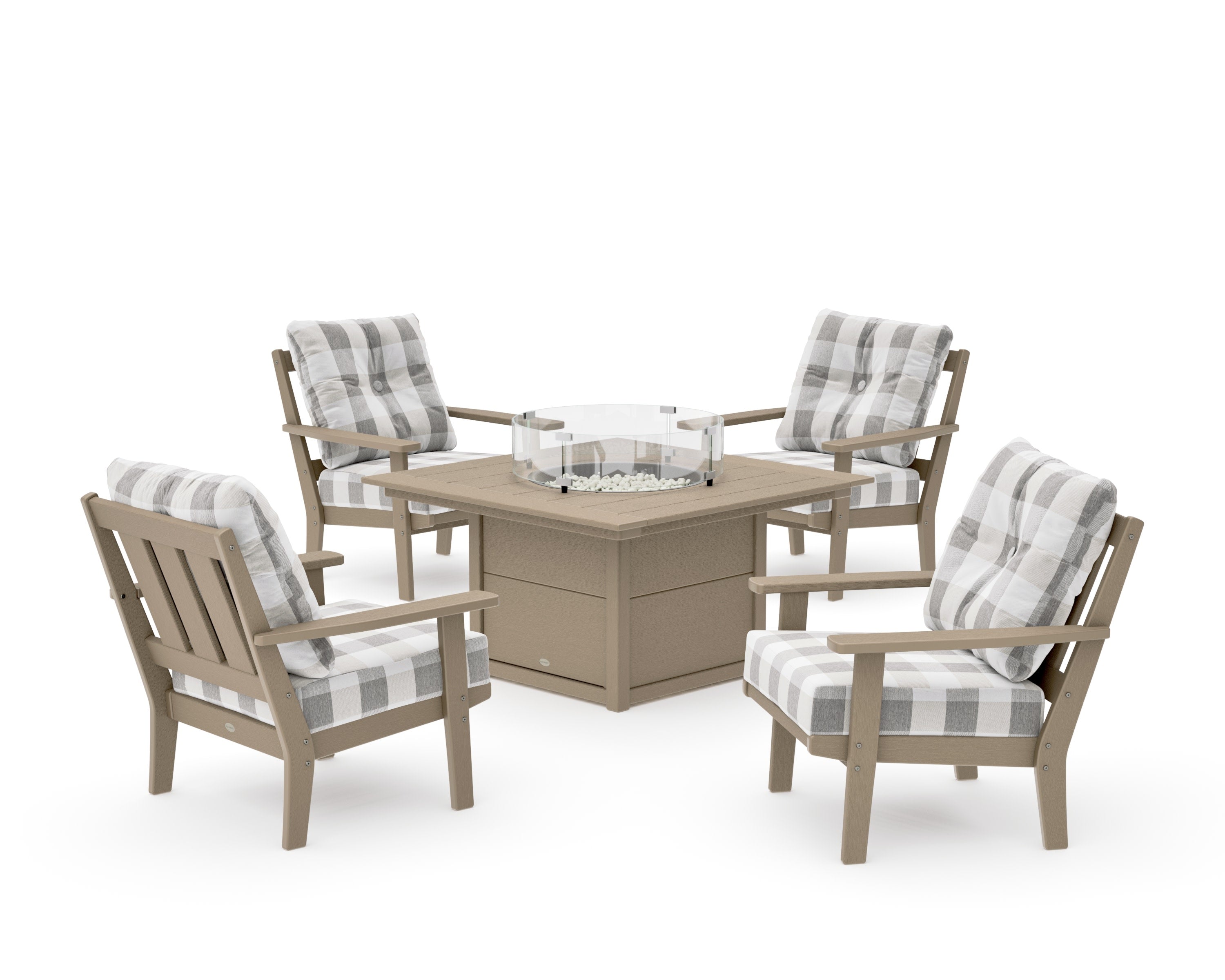 Oxford 5-Piece Deep Seating Set with Fire Pit Table in Vintage Sahara / Buffalo Plaid Grey Mist