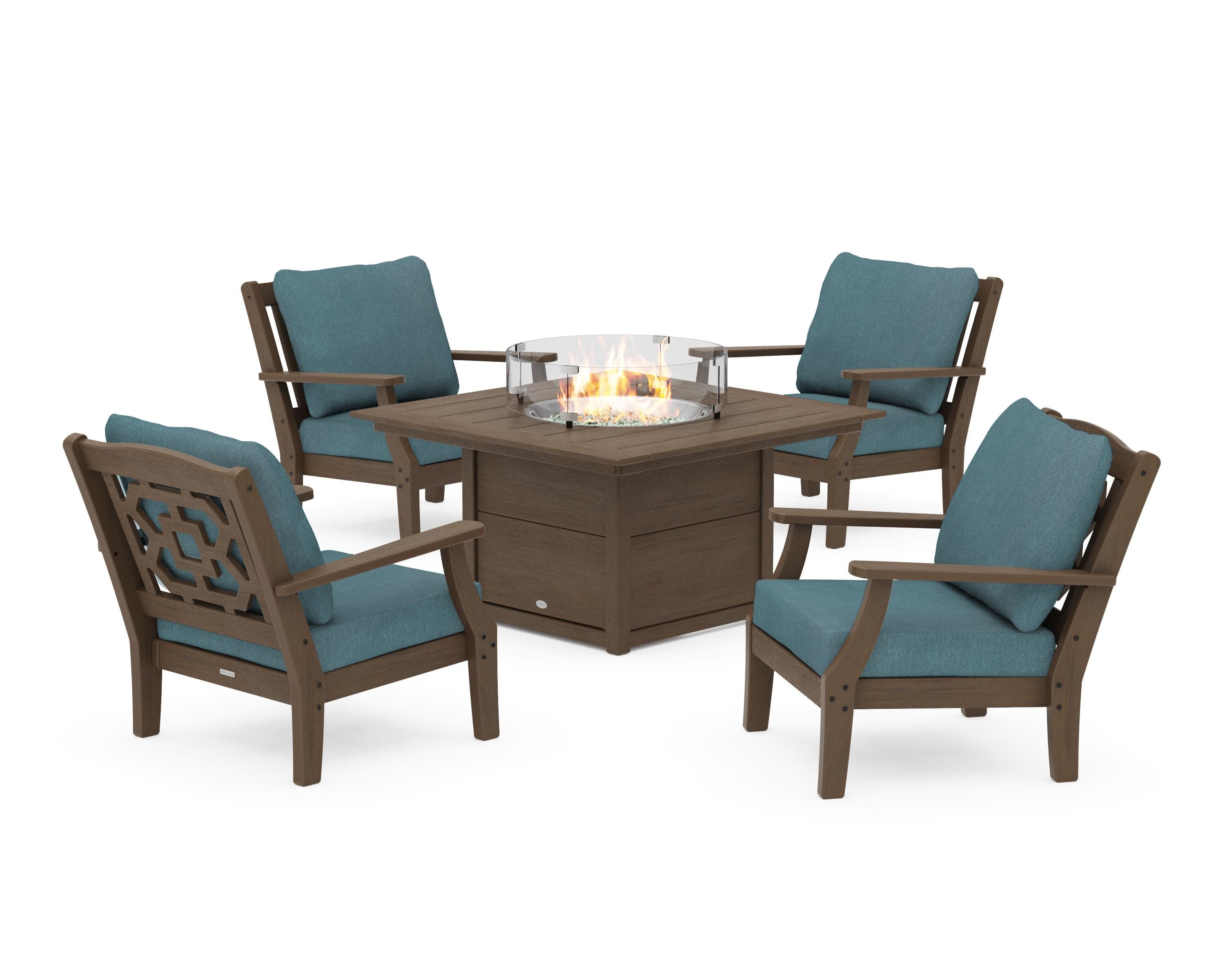 Chinoiserie 5-Piece Deep Seating Set with Fire Pit Table in Kona / Ocean Teal