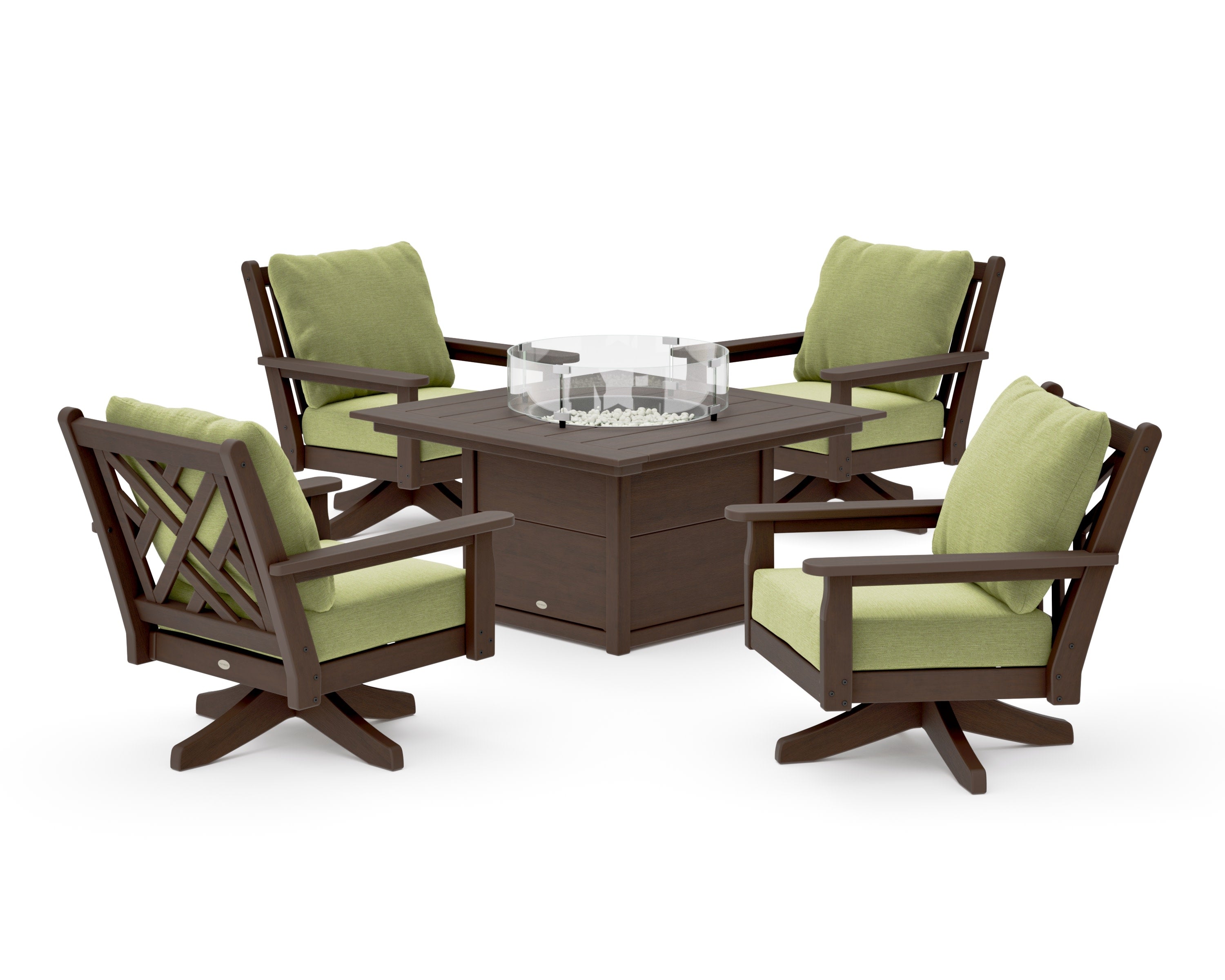 Chippendale 5-Piece Deep Seating Swivel Conversation Set with Fire Pit Table in Kona / Chartreuse Boucle