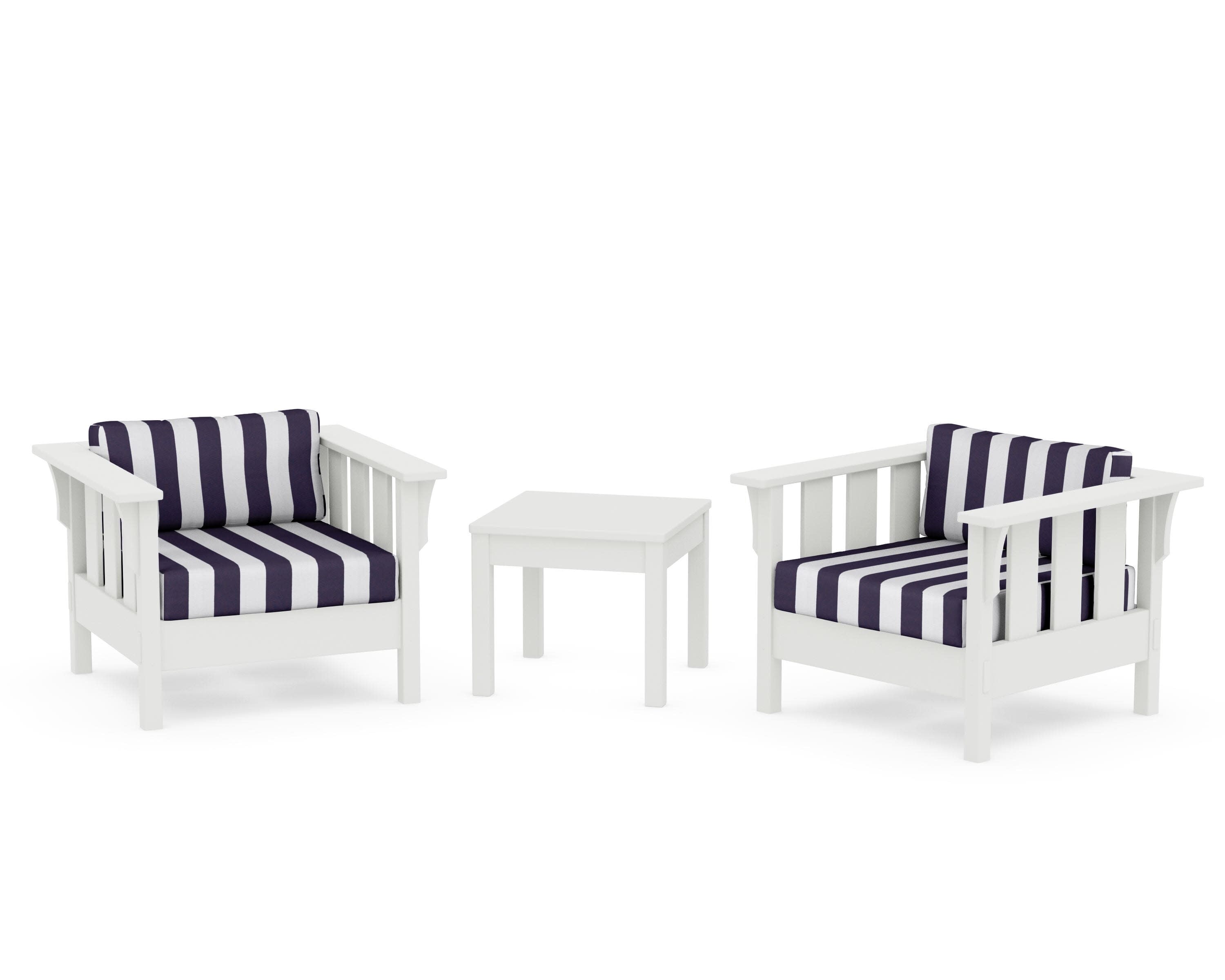 Acadia 3-Piece Deep Seating Set in Vintage White / Cabana Stripe Navy