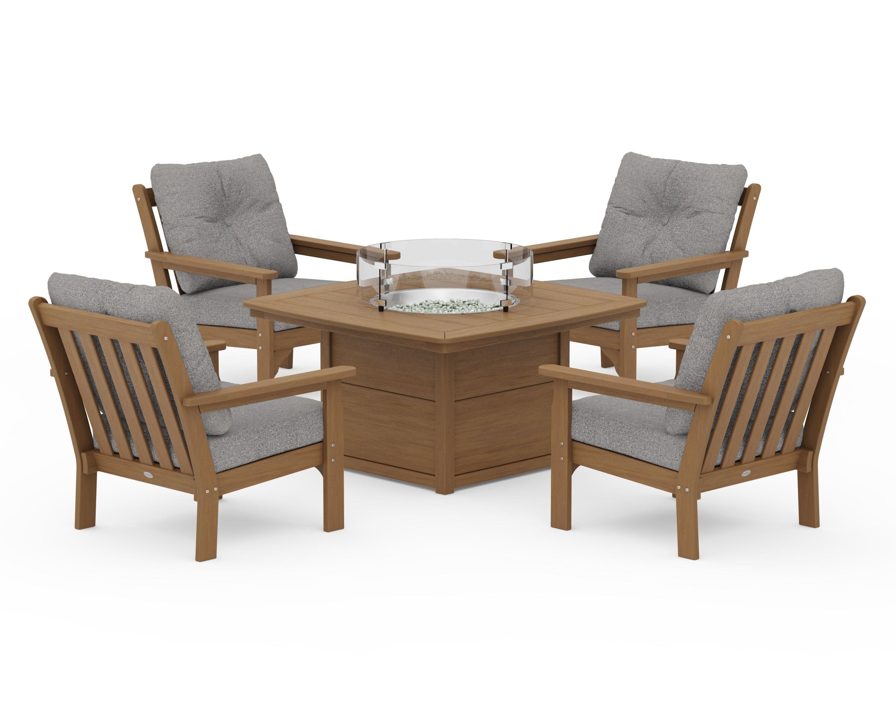 Vineyard 5-Piece Conversation Set with Fire Pit Table in Natural / Grey Mist