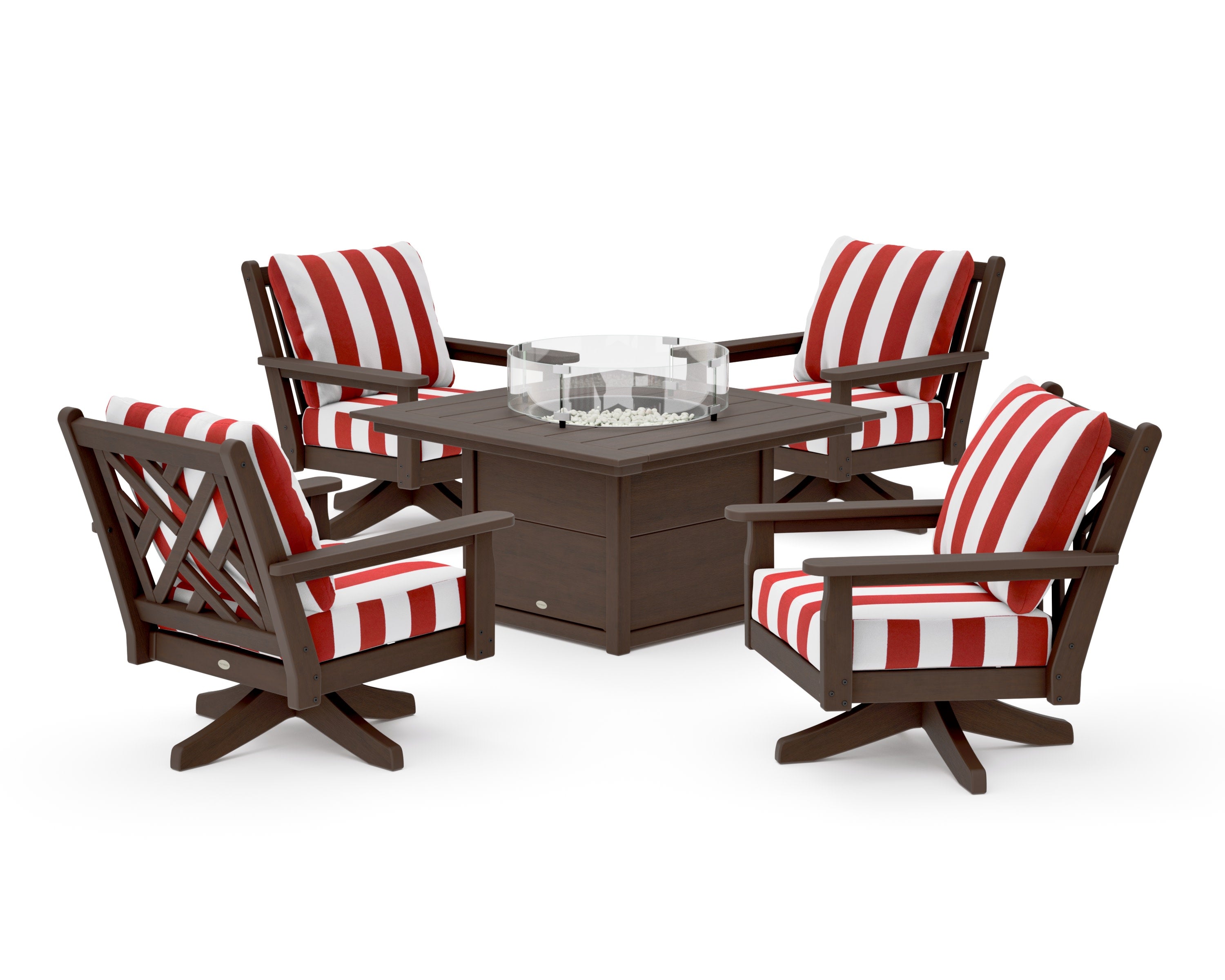 Chippendale 5-Piece Deep Seating Swivel Conversation Set with Fire Pit Table in Kona / Cabana Stripe Crimson