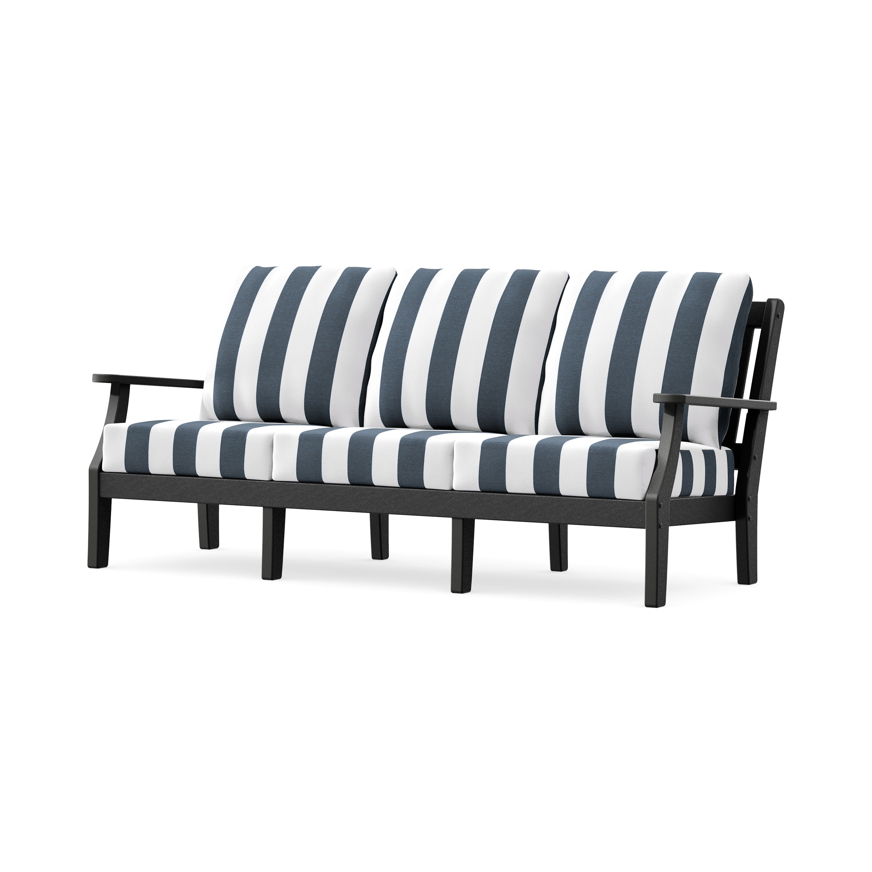 Chinoiserie Deep Seating Sofa in Black / Cabana Stripe Marine Indigo
