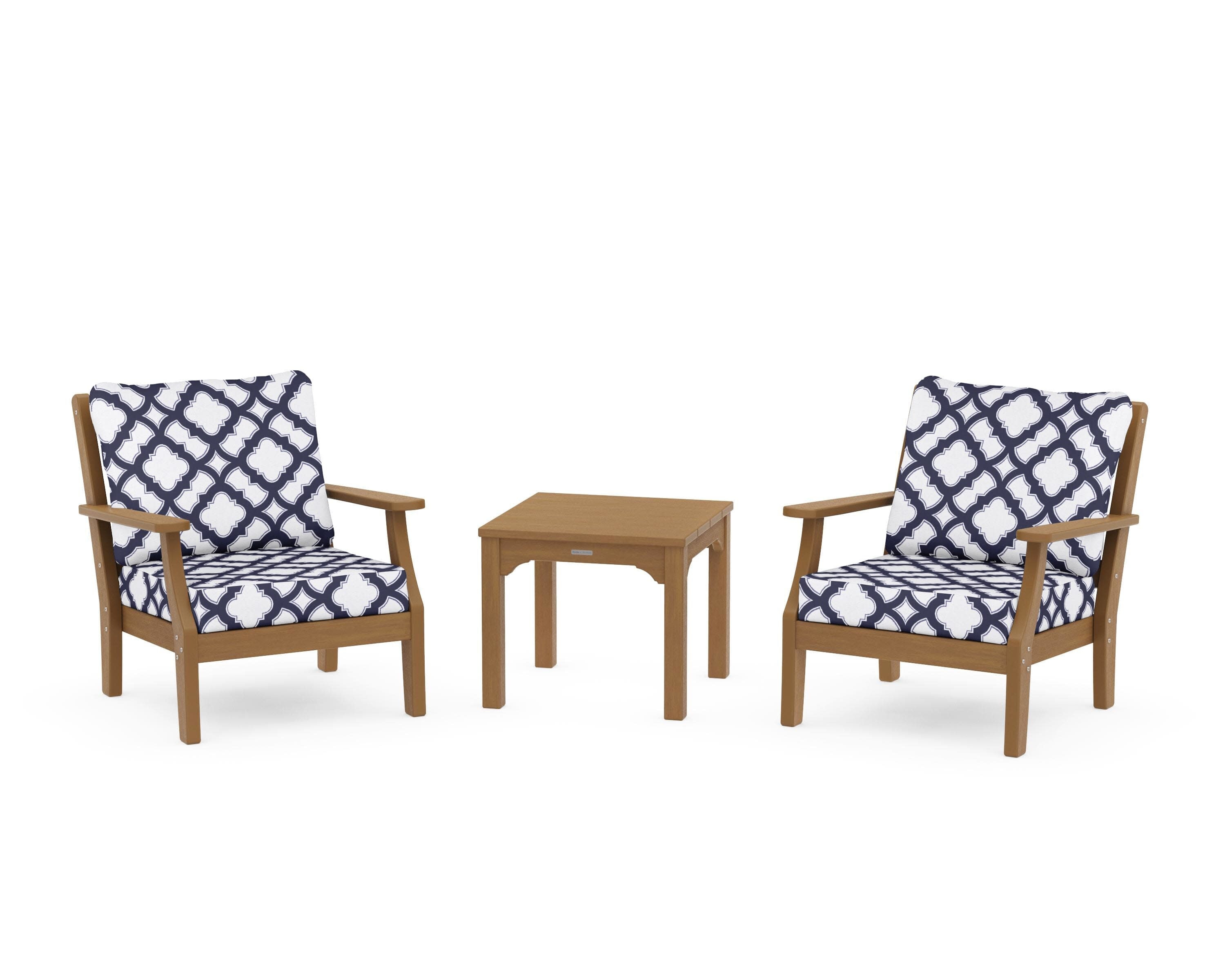 Chinoiserie 3-Piece Deep Seating Set in Natural / Trellis Navy