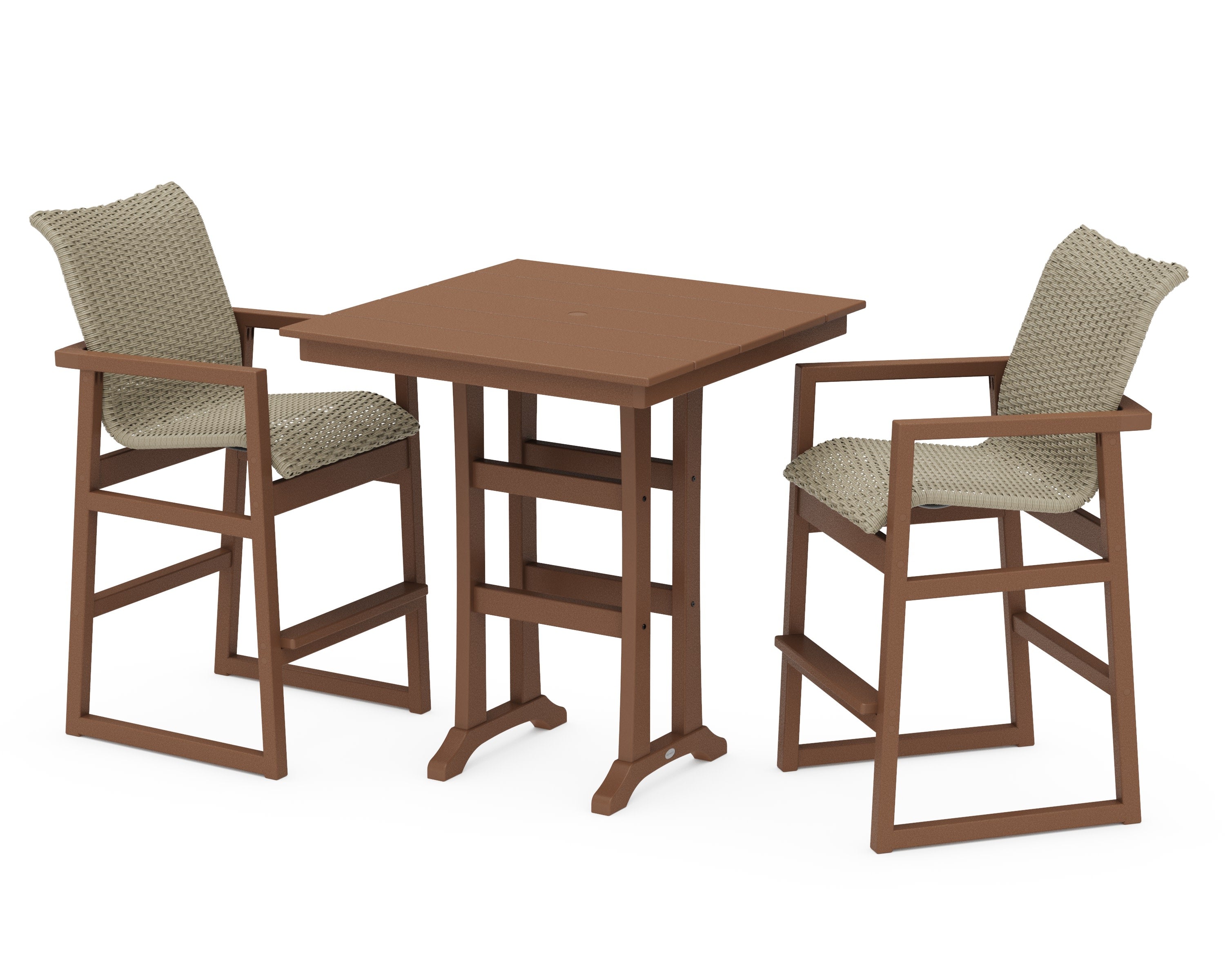 EDGE Woven 3-Piece Farmhouse Bar Set with Trestle Legs in Teak / Dune Grass