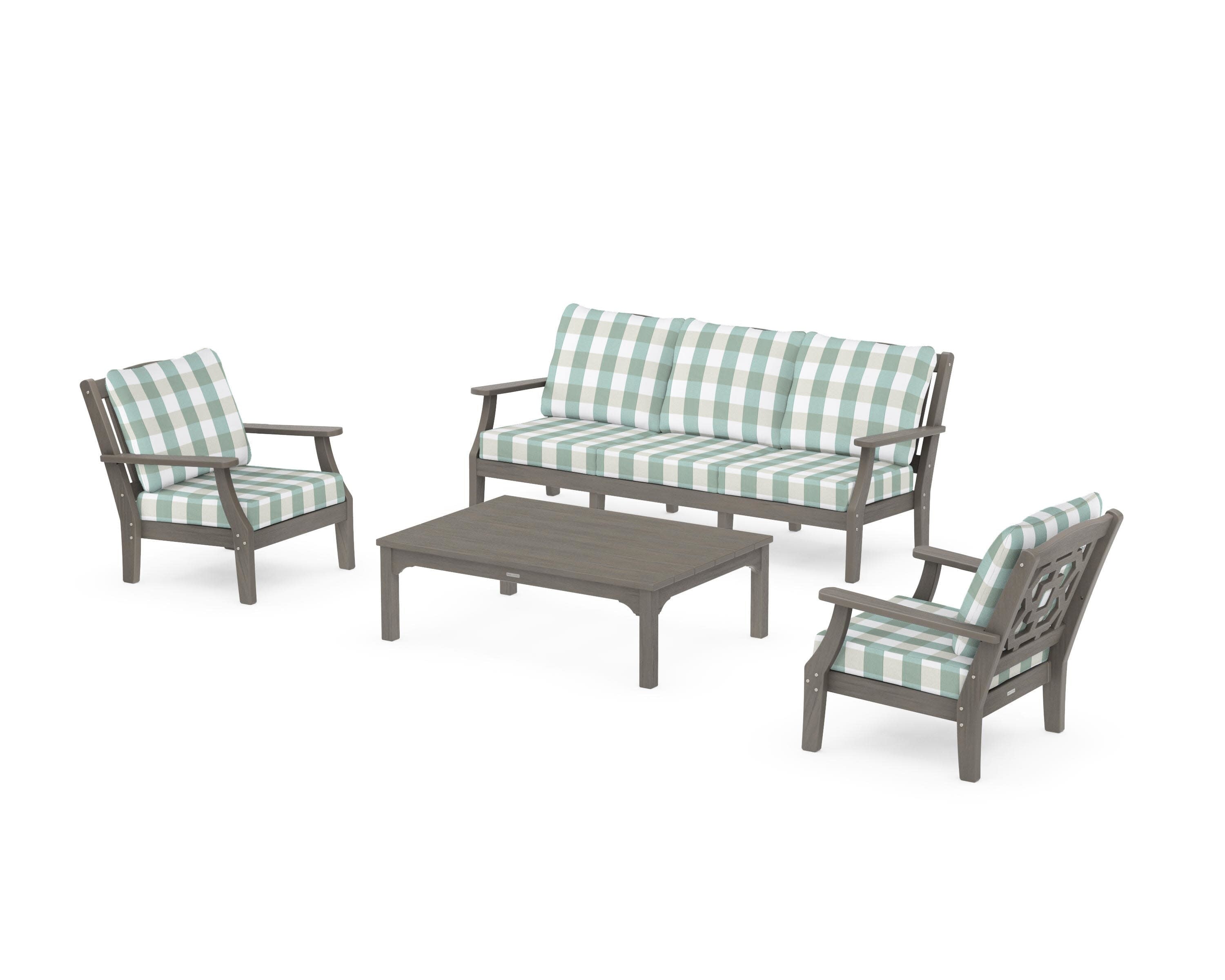 Chinoiserie 4-Piece Deep Seating Set with Sofa in Driftwood / Buffalo Plaid Glacier Spa