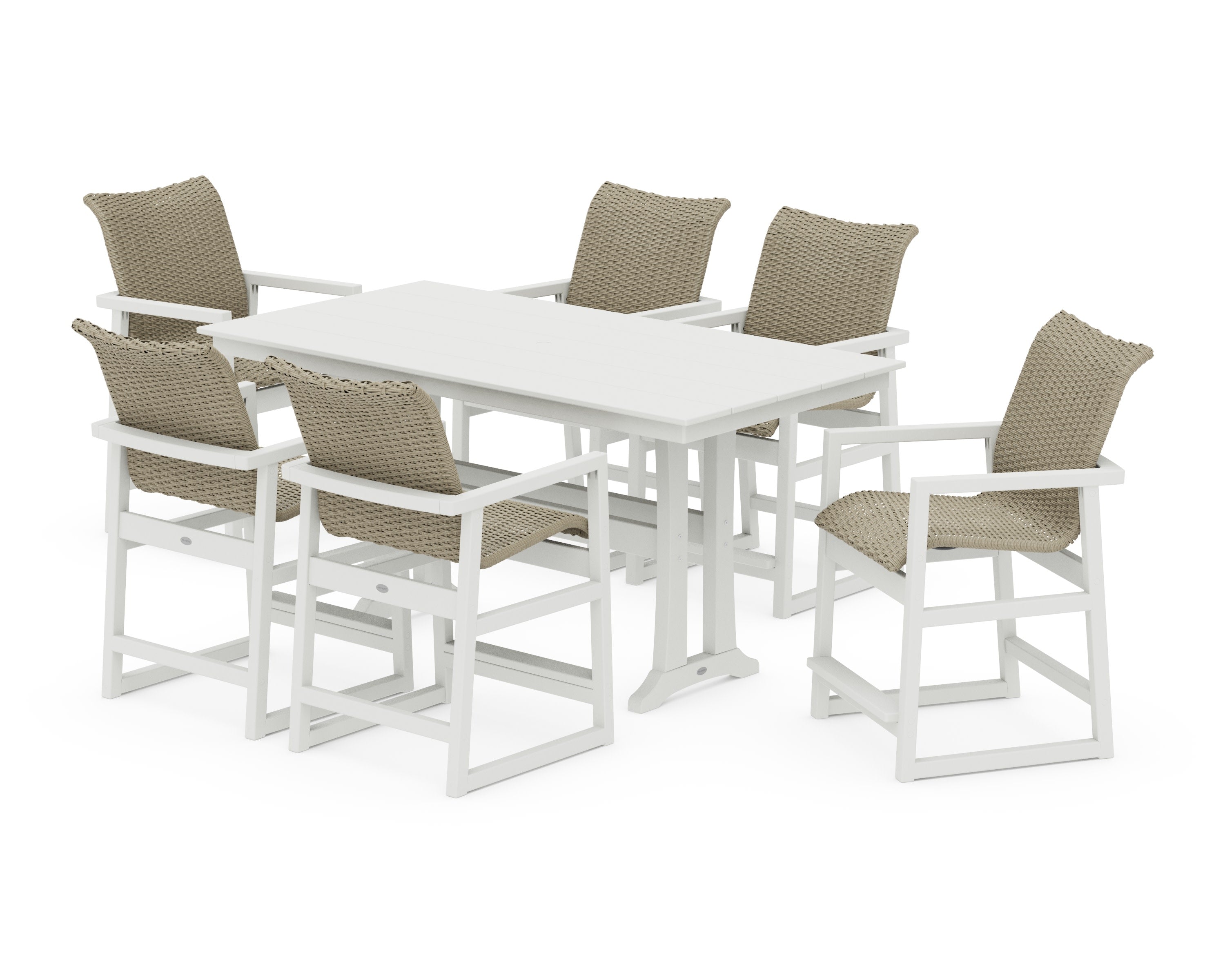 EDGE Woven Arm Chair 7-Piece Farmhouse Counter Set with Trestle Legs in White / Dune Grass