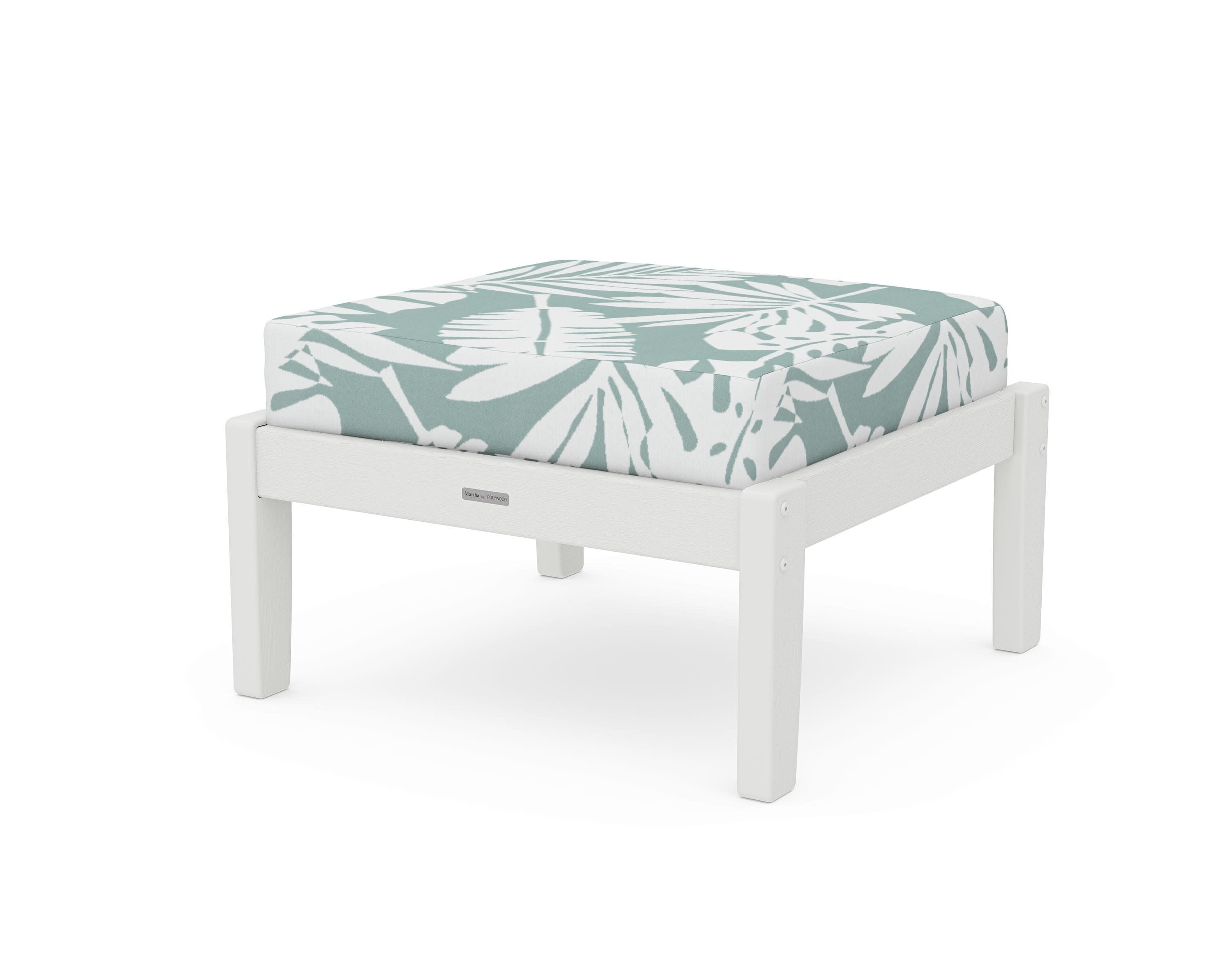 Chinoiserie Deep Seating Ottoman in Vintage White / Leaf Glacier Spa