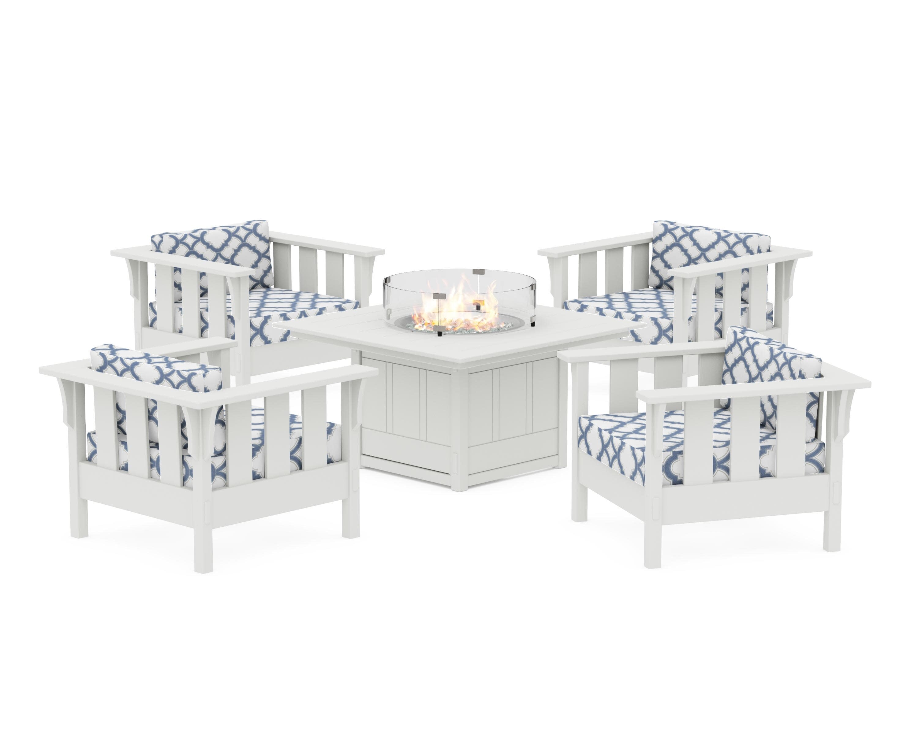 Acadia 5-Piece Deep Seating Set with Fire Pit Table in White / Trellis Sky Blue