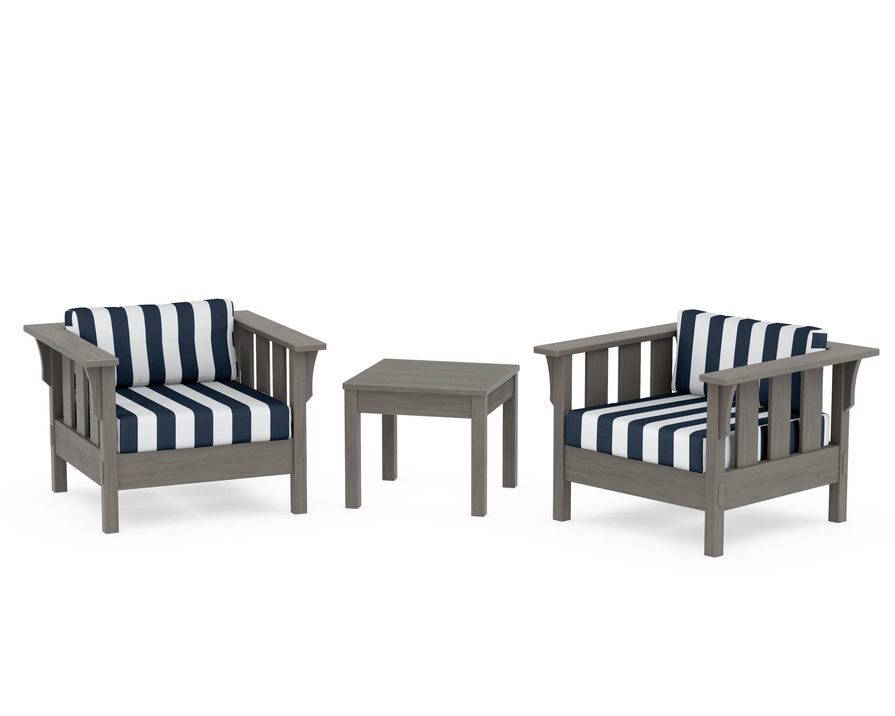 Acadia 3-Piece Deep Seating Set in Driftwood / Cabana Stripe Marine Indigo