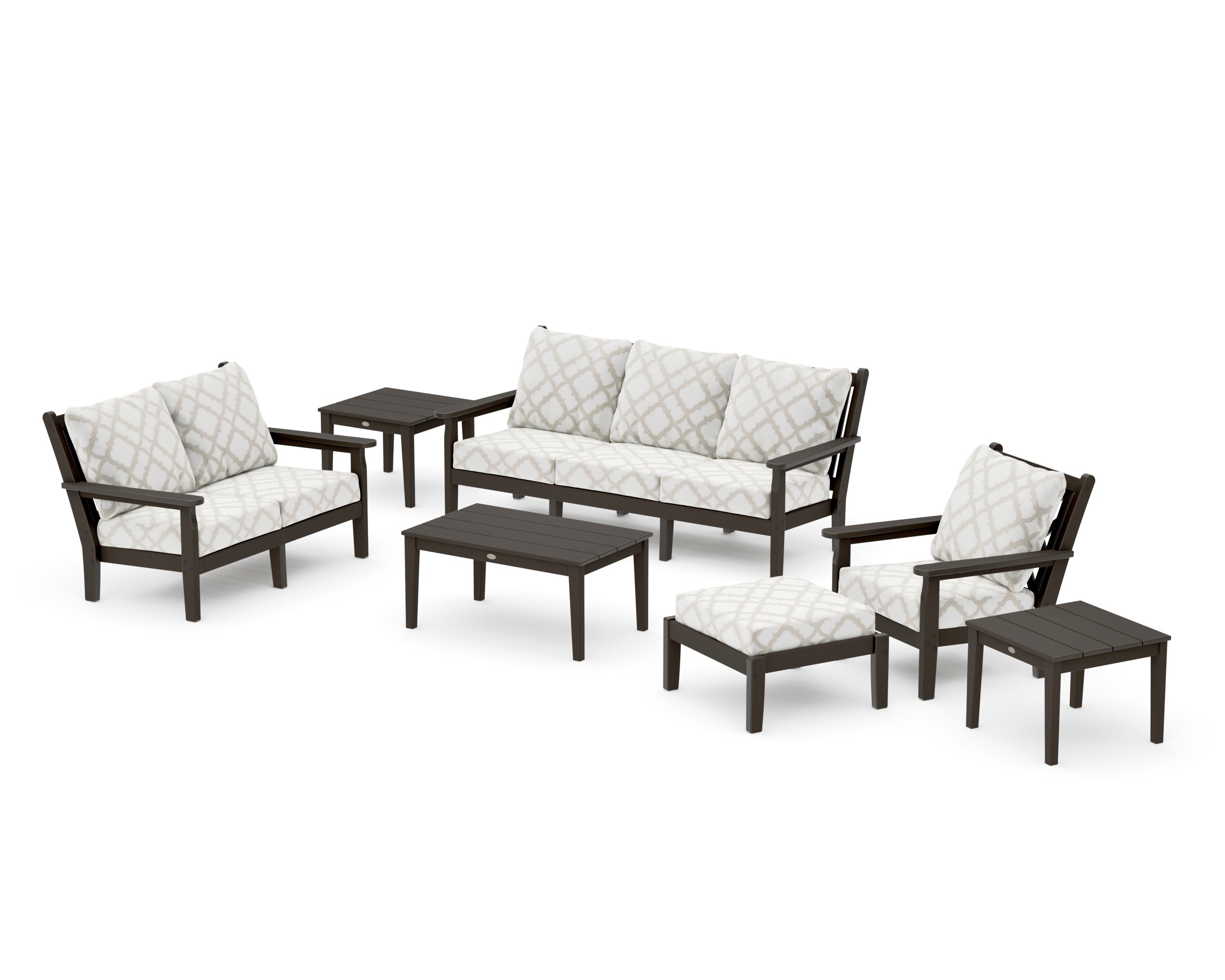 Chippendale 7-Piece Deep Seating Set in Vintage Coffee / Trellis Dune Burlap
