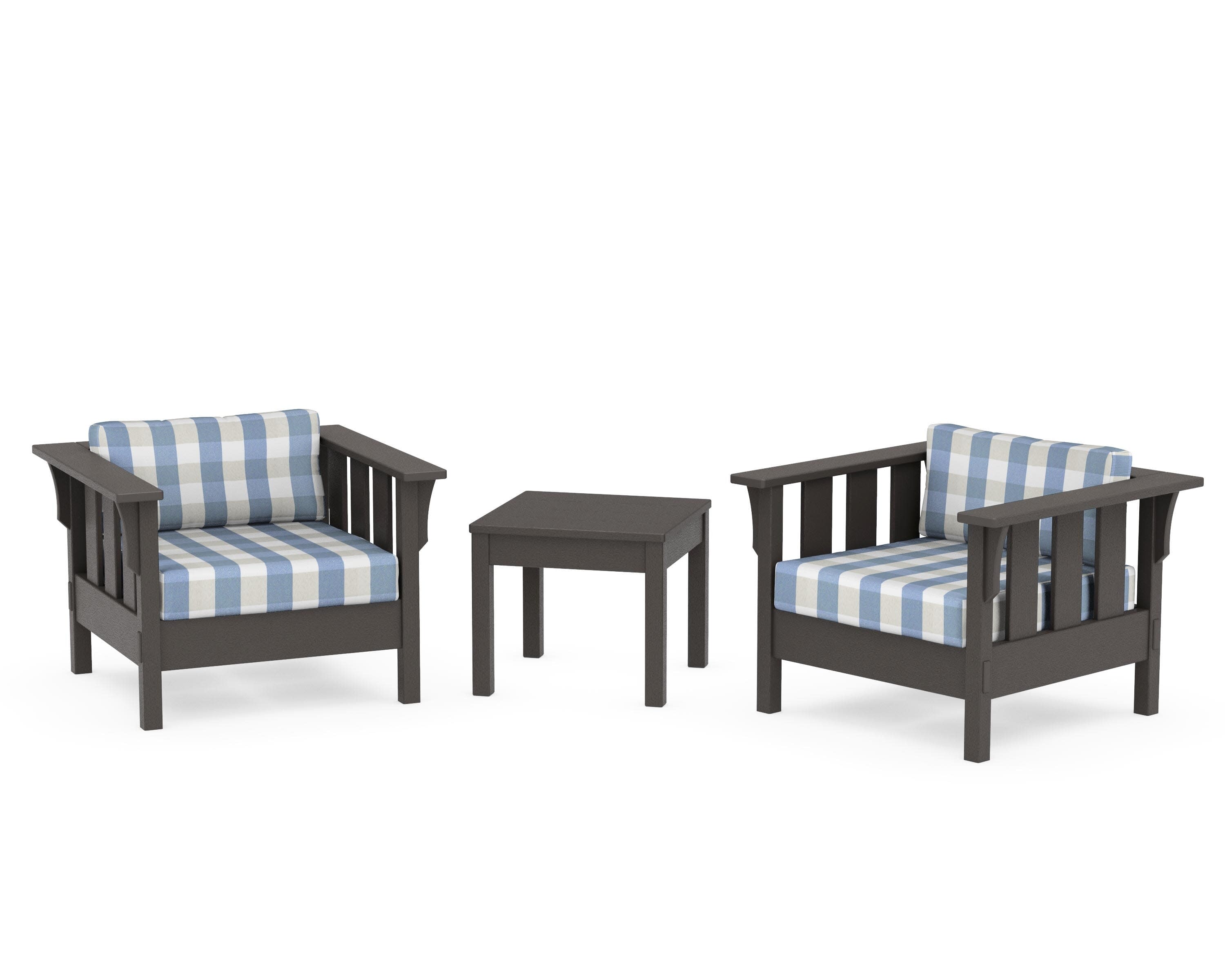 Acadia 3-Piece Deep Seating Set in Vintage Coffee / Buffalo Plaid Sky Blue