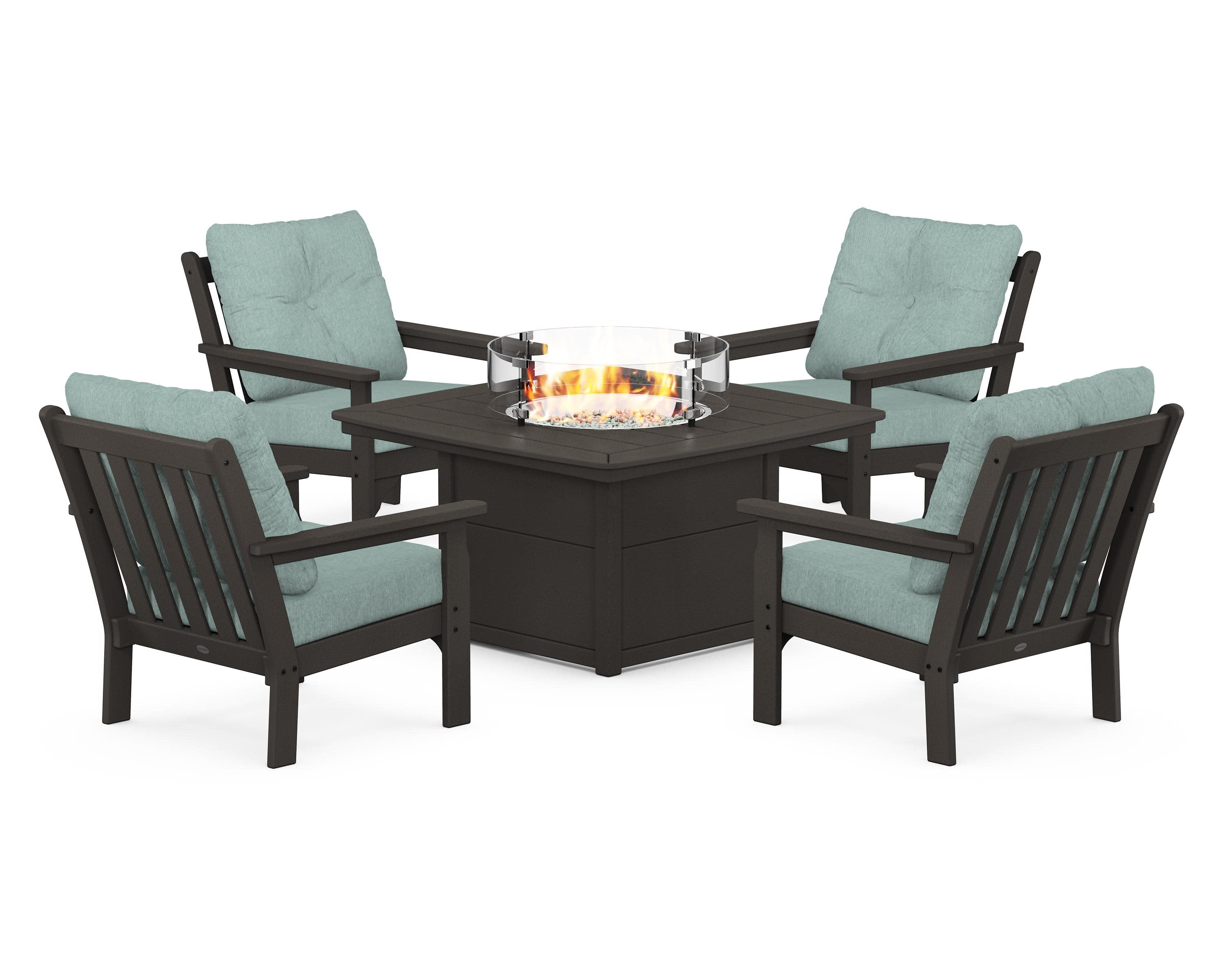 Vineyard 5-Piece Conversation Set with Fire Pit Table in Vintage Coffee / Glacier Spa