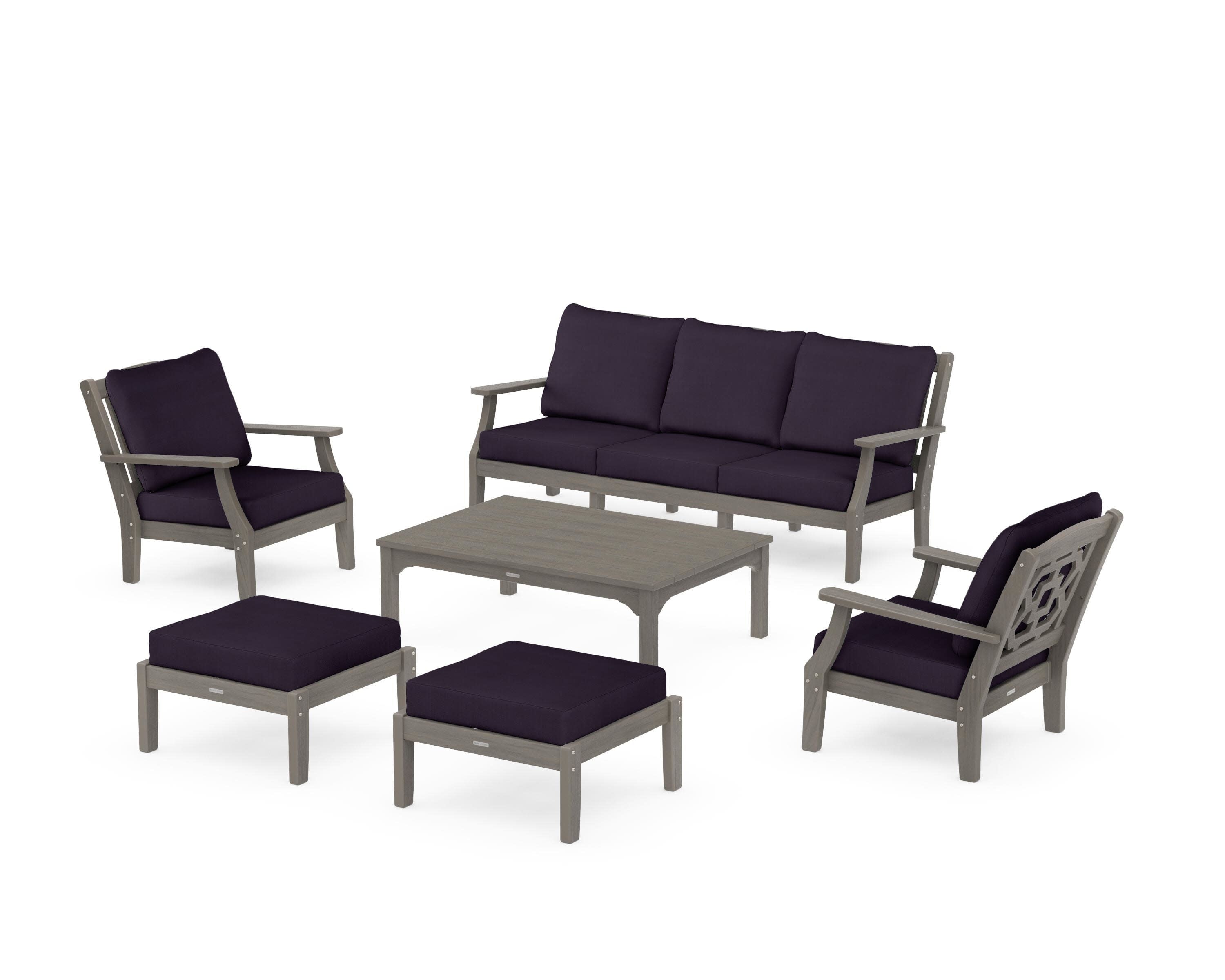 Chinoiserie 6-Piece Lounge Sofa Set in Driftwood / Navy Linen