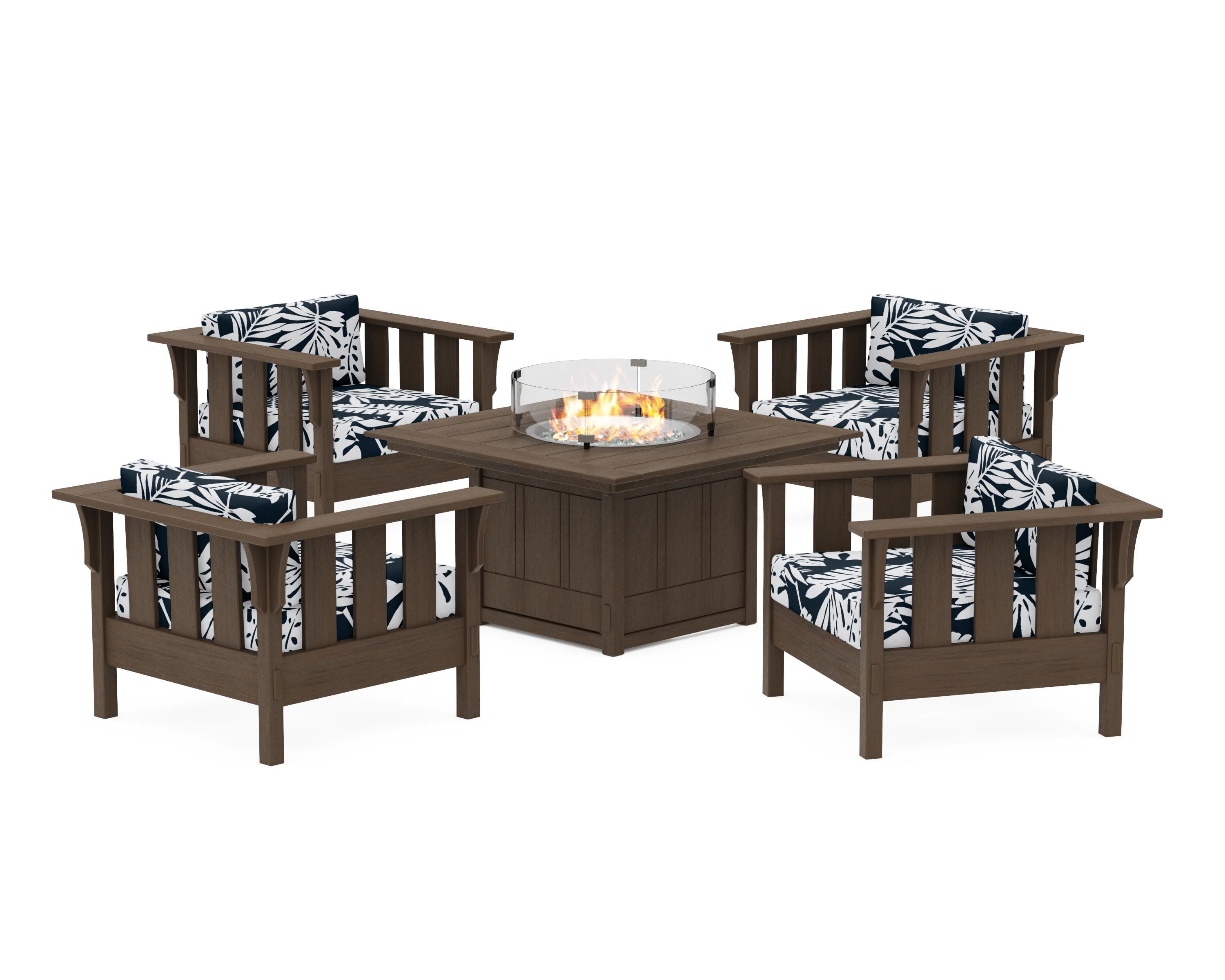 Acadia 5-Piece Deep Seating Set with Fire Pit Table in Kona / Leaf Marine Indigo