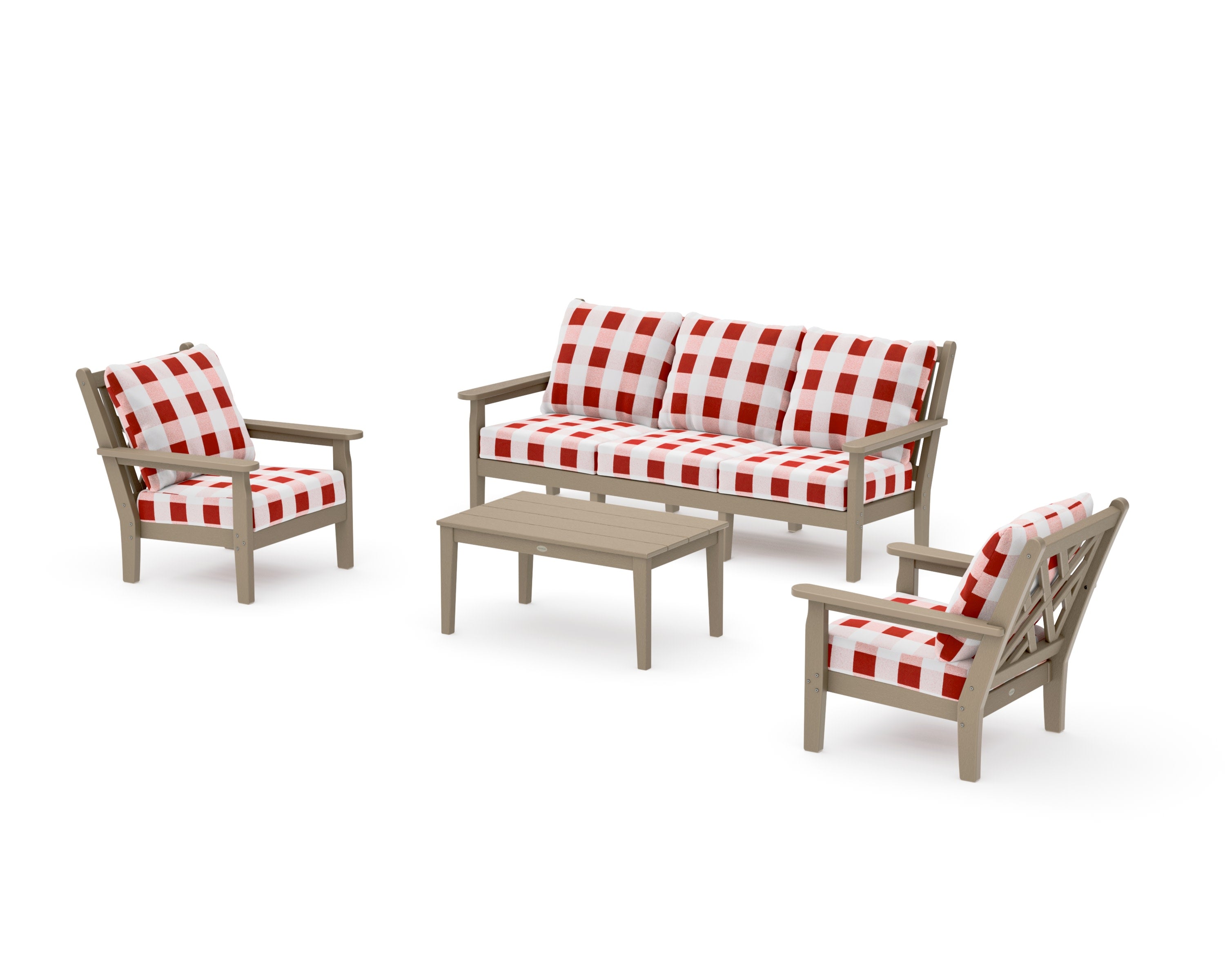Chippendale 4-Piece Deep Seating Set with Sofa in Vintage Sahara / Buffalo Plaid Crimson