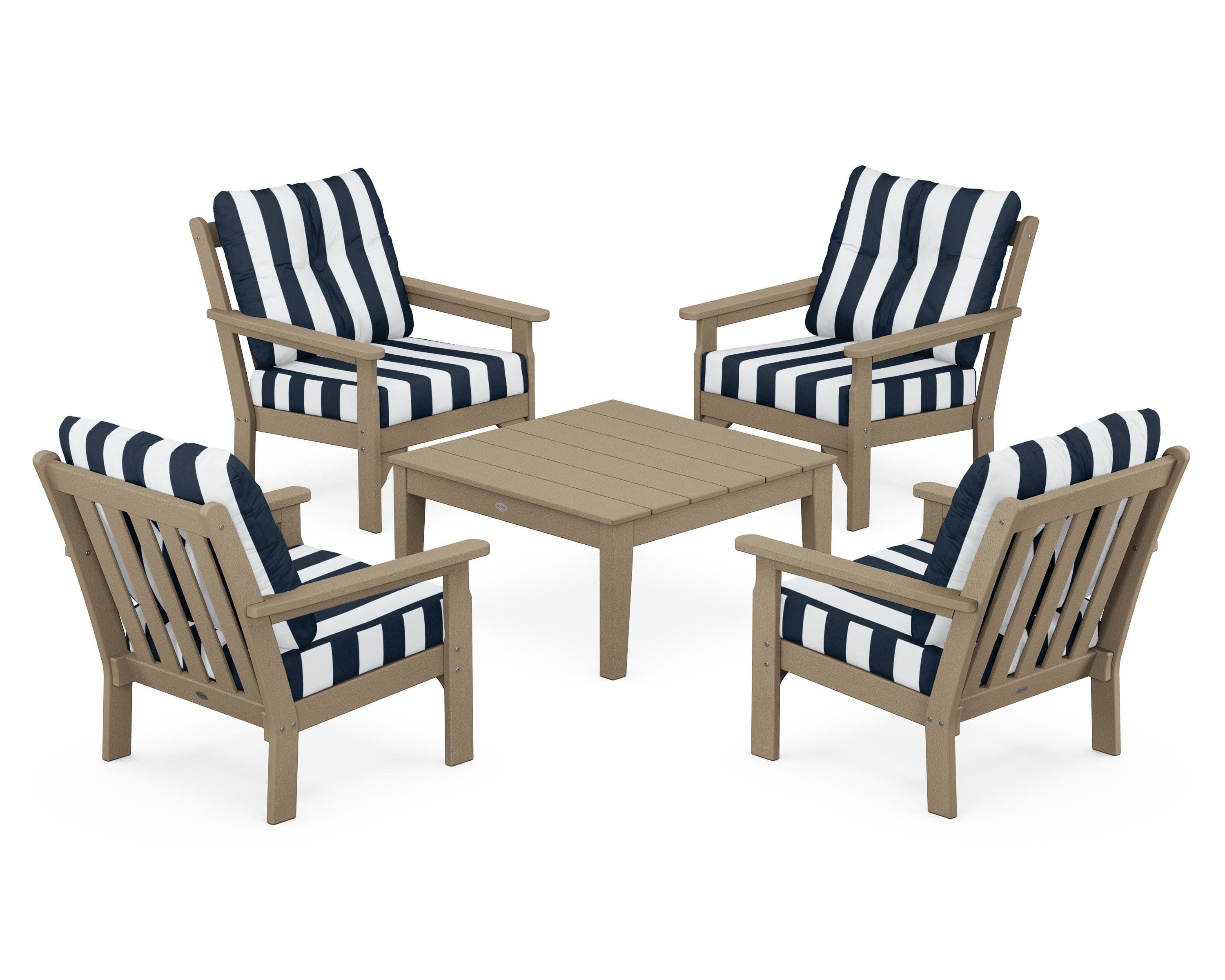 Vineyard 5-Piece Deep Seating Conversation Set in Vintage Sahara / Cabana Stripe Marine Indigo