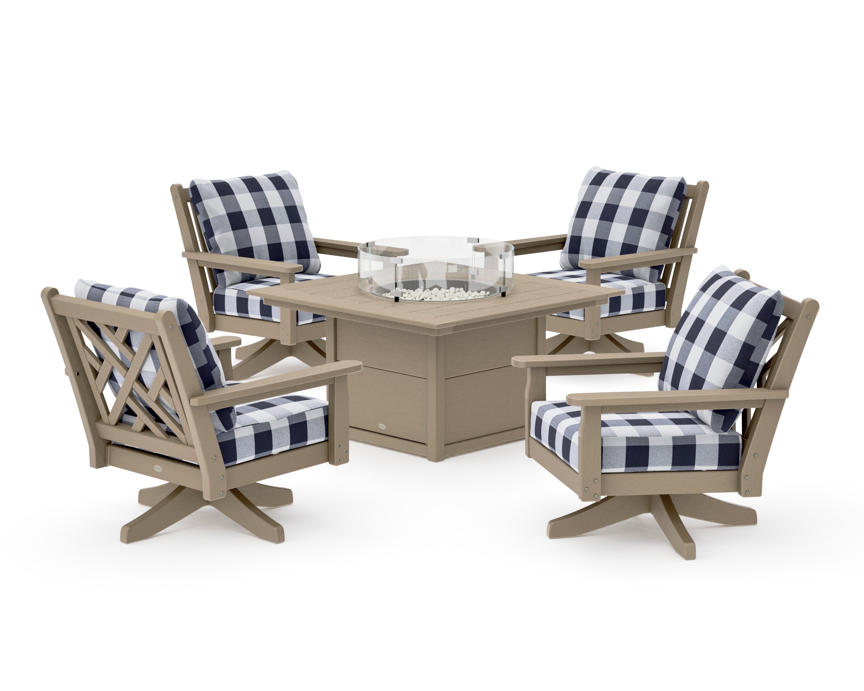 Chippendale 5-Piece Deep Seating Swivel Conversation Set with Fire Pit Table in Vintage Sahara / Buffalo Plaid Navy