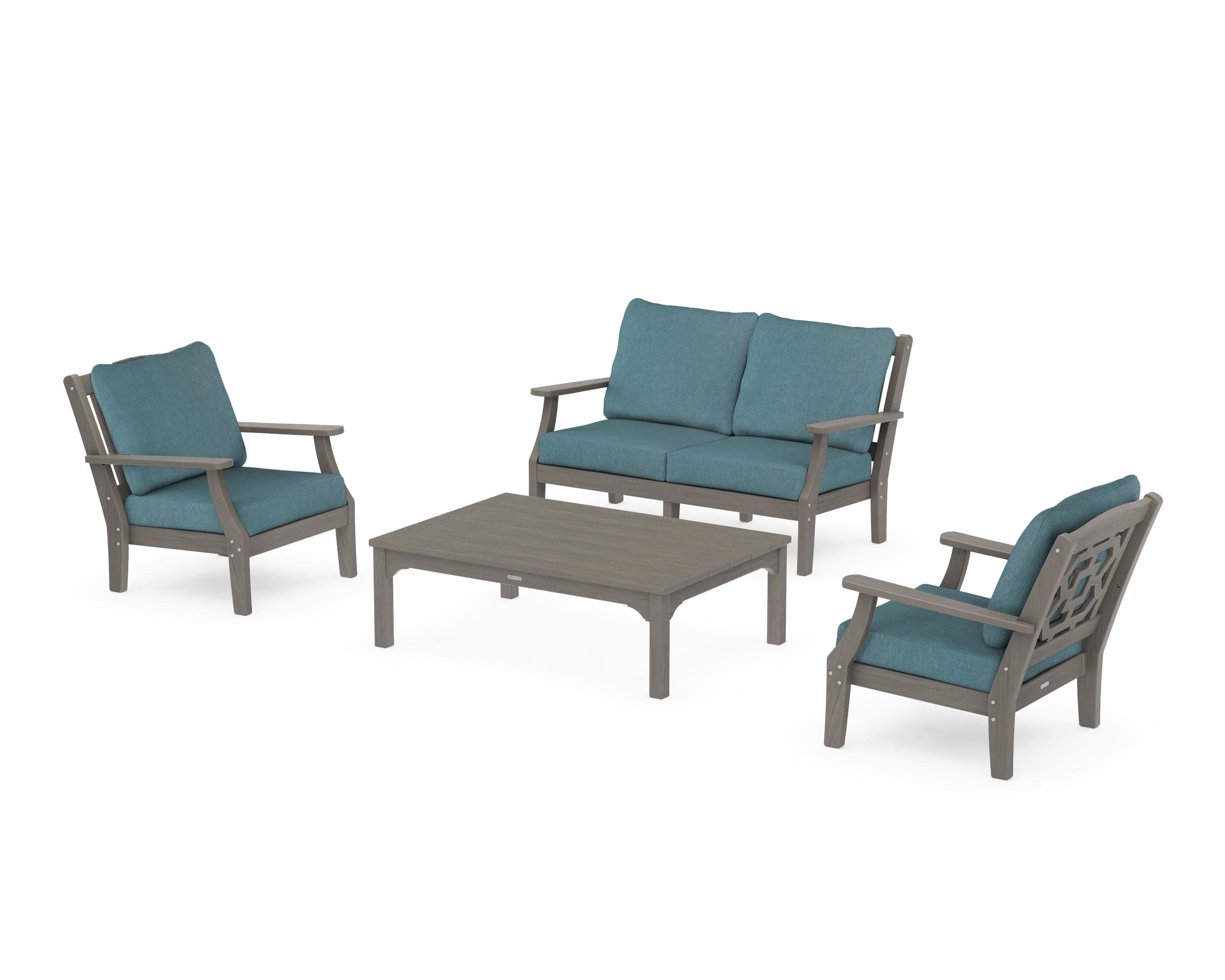 Chinoiserie 4-Piece Deep Seating Set with Loveseat in Driftwood / Ocean Teal