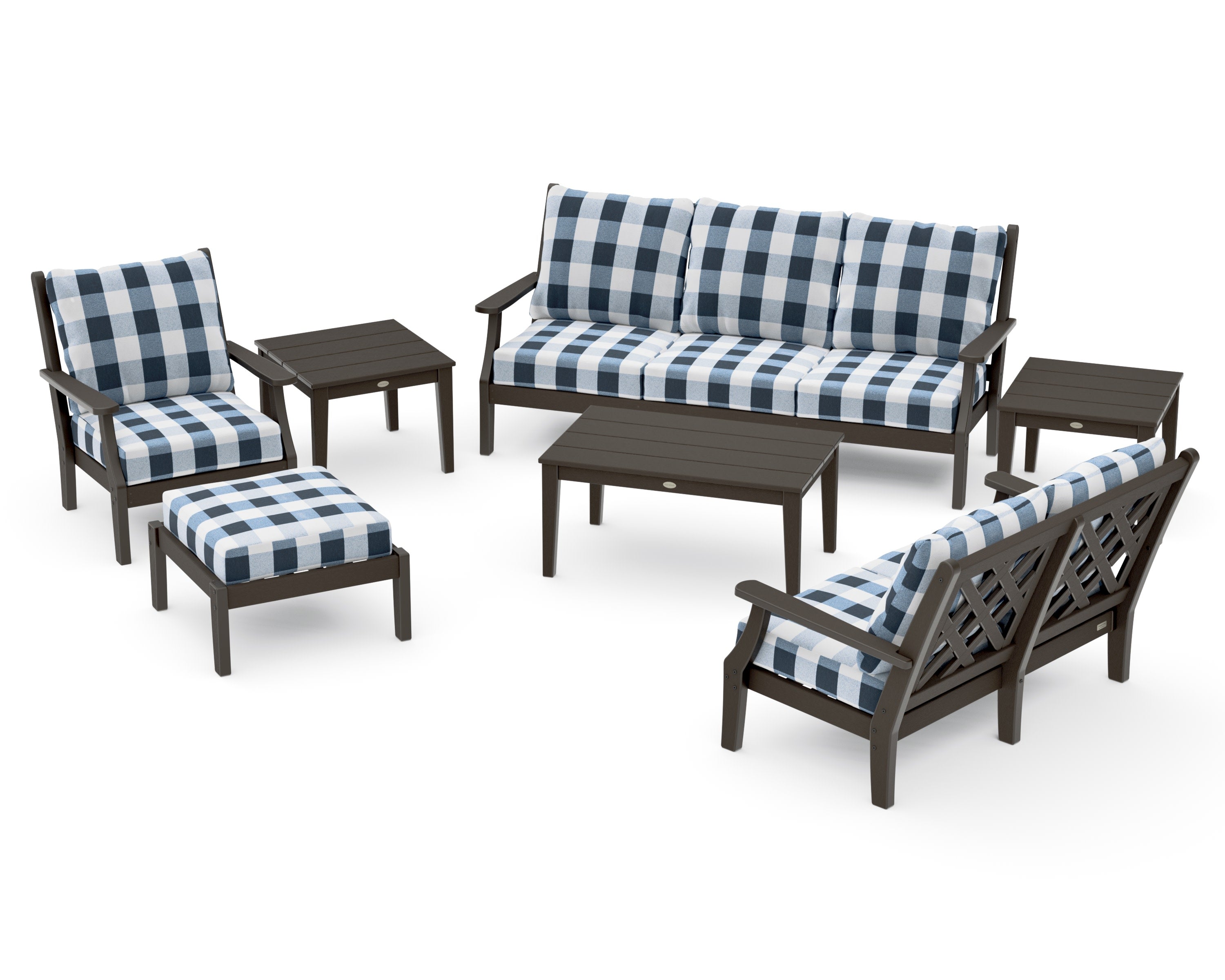 Wovendale 7-Piece Deep Seating Set in Vintage Coffee / Buffalo Plaid Marine Indigo