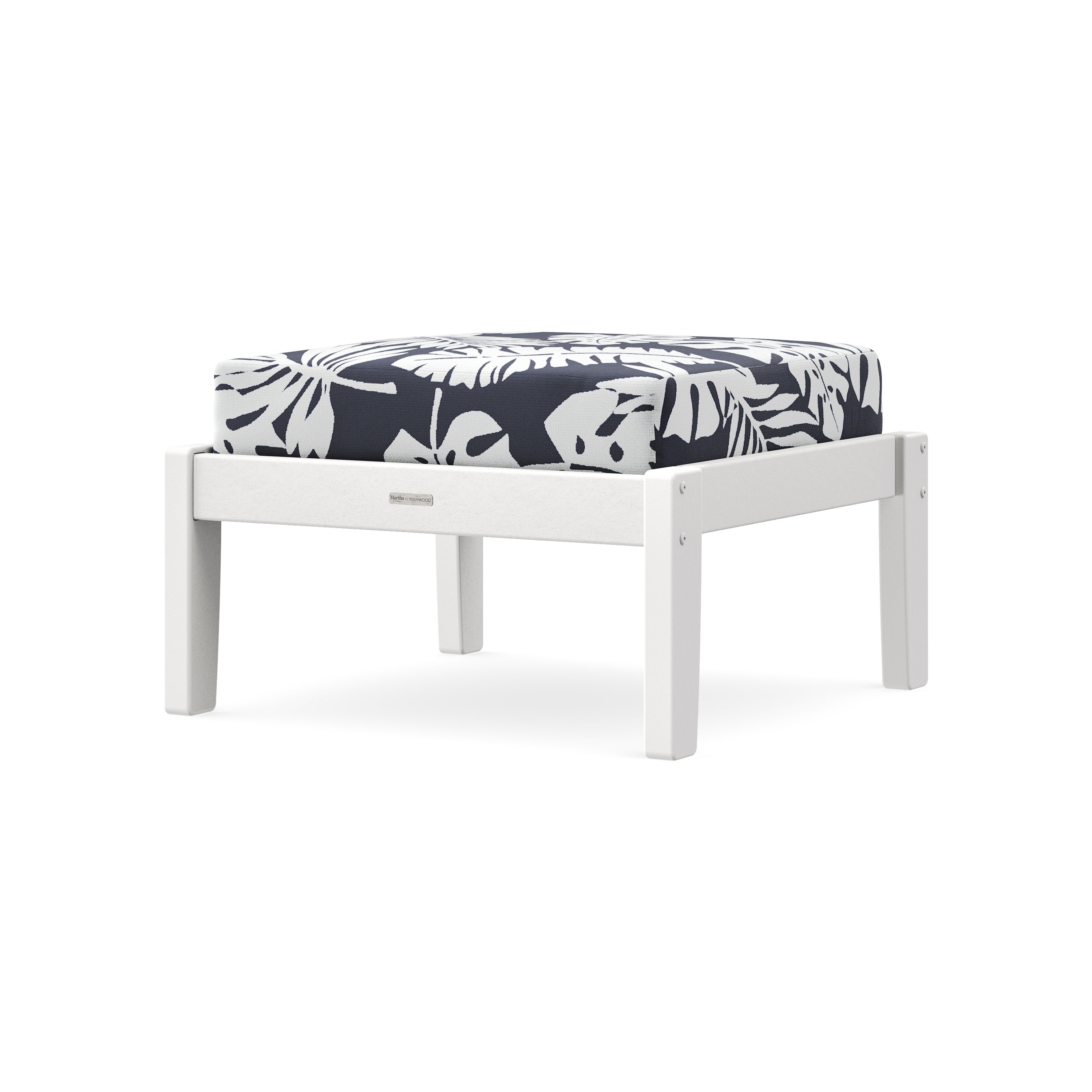 Chinoiserie Deep Seating Ottoman in White / Leaf Navy